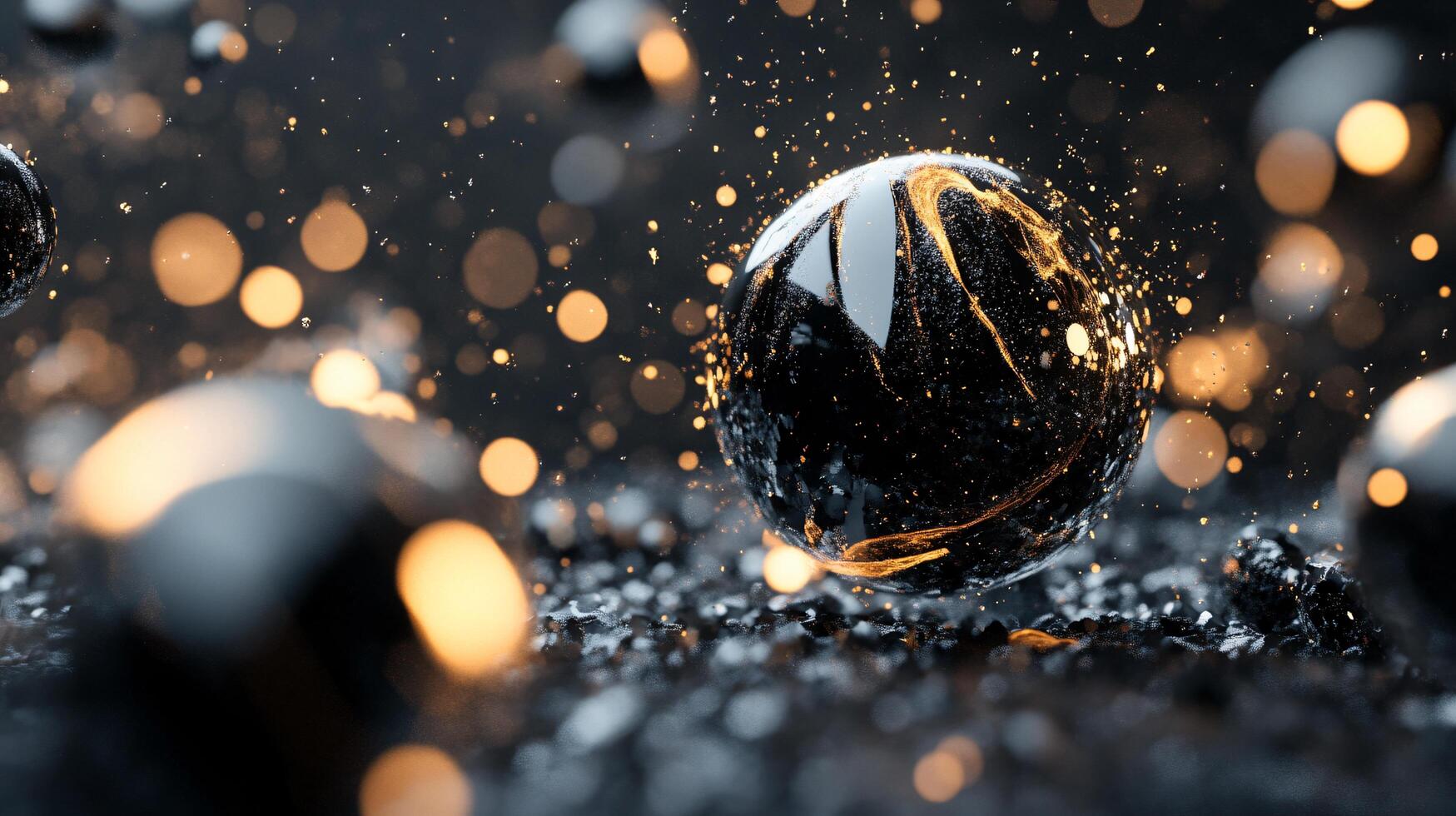 Black ball with a shiny surface is surrounded by a lot of glitter. The ball is the main focus of the image, and the glitter adds a sense of movement and energy to the scene photo