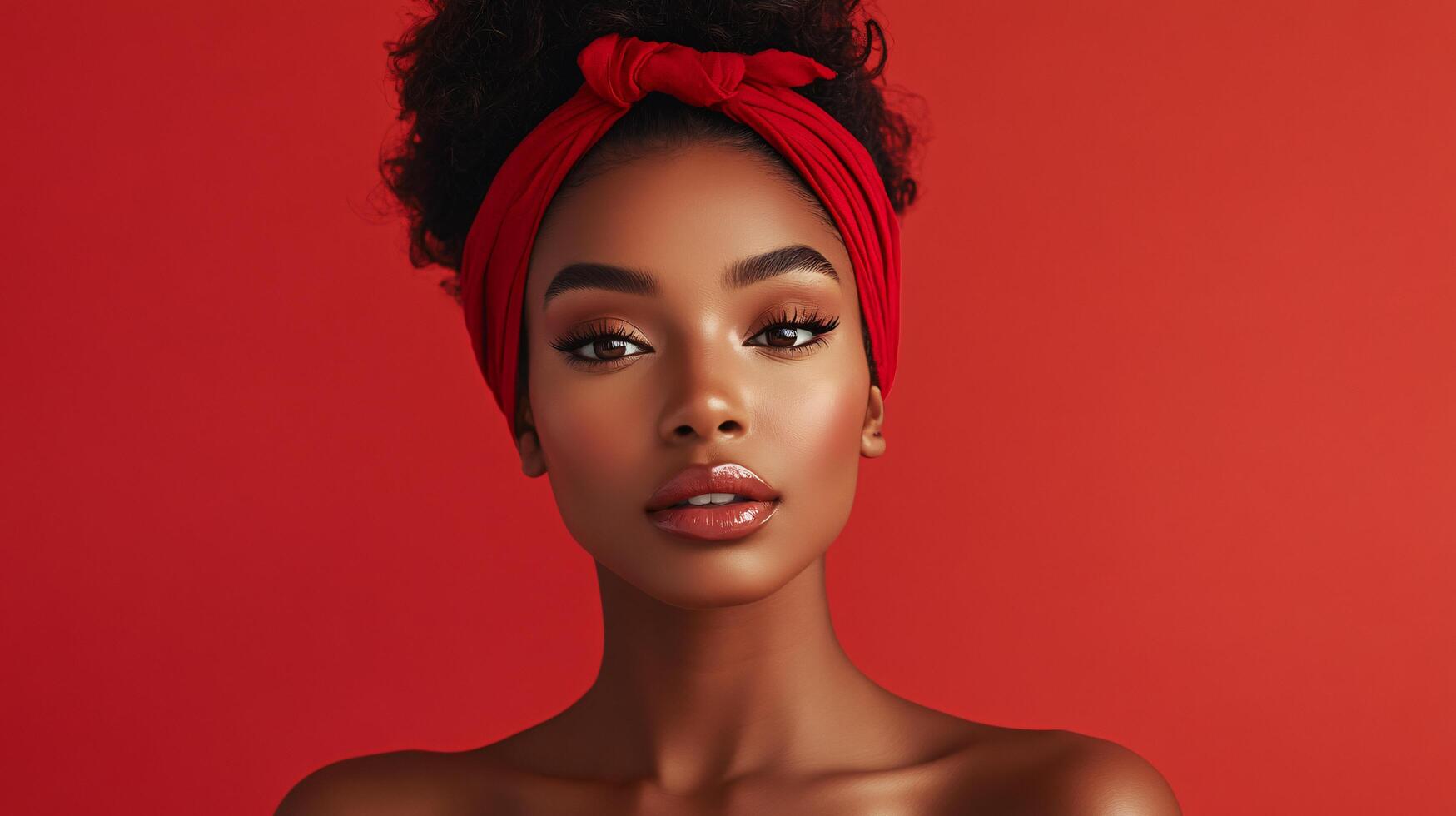 Woman with red hair and a red headband is standing in front of a red background. She has a very pretty and confident look on her face photo