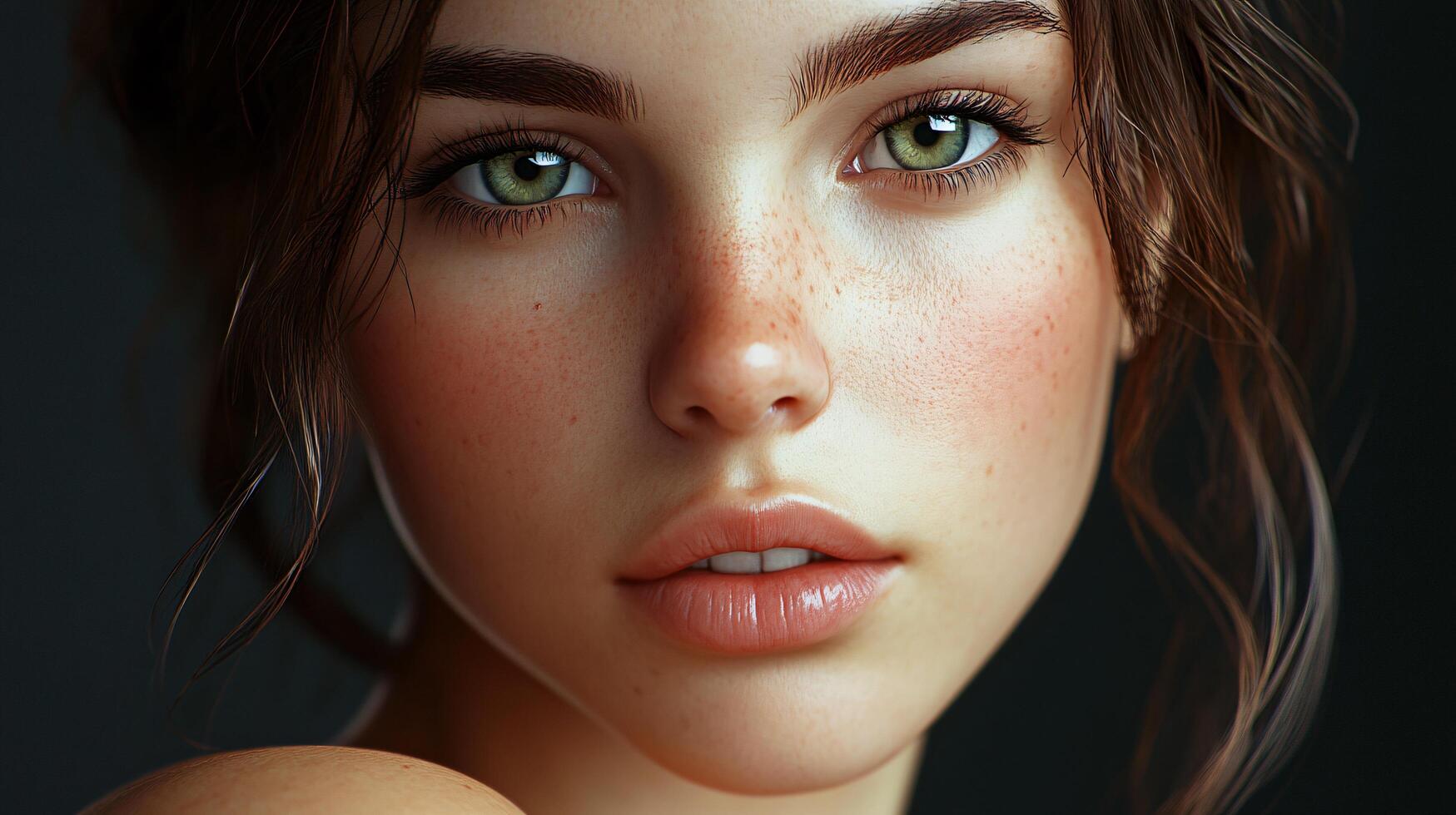 Woman with green eyes and a greenish-brown hair. She has a red nose and a pinkish-red lips photo