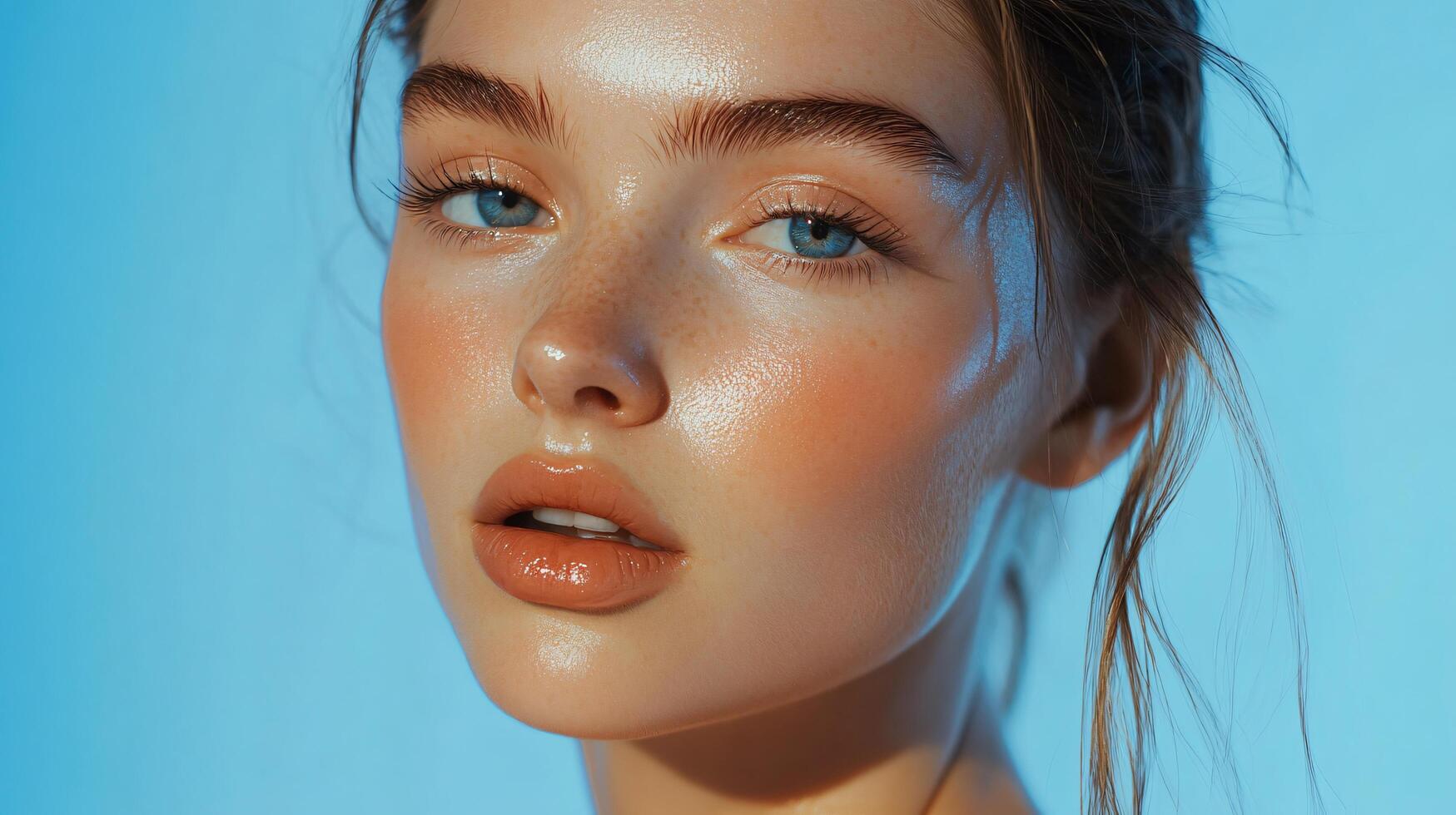 Woman with a blue eye shadow and a pink lip color. She has a nice smile on her face photo