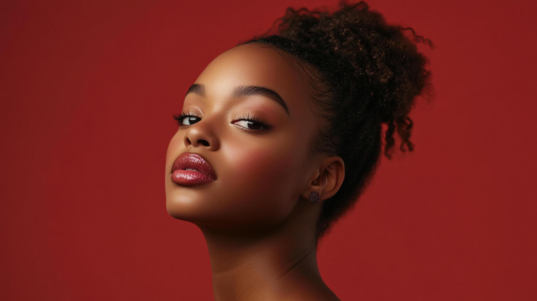 Woman with a red background and a red head. She has a red lip and is wearing earrings photo