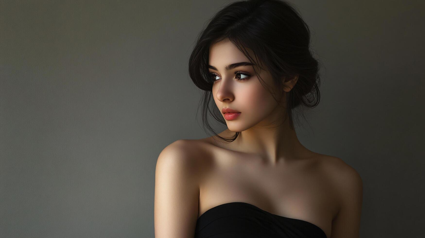 Woman with a black dress and a necklace is standing in front of a wall. She has a serious expression on her face photo