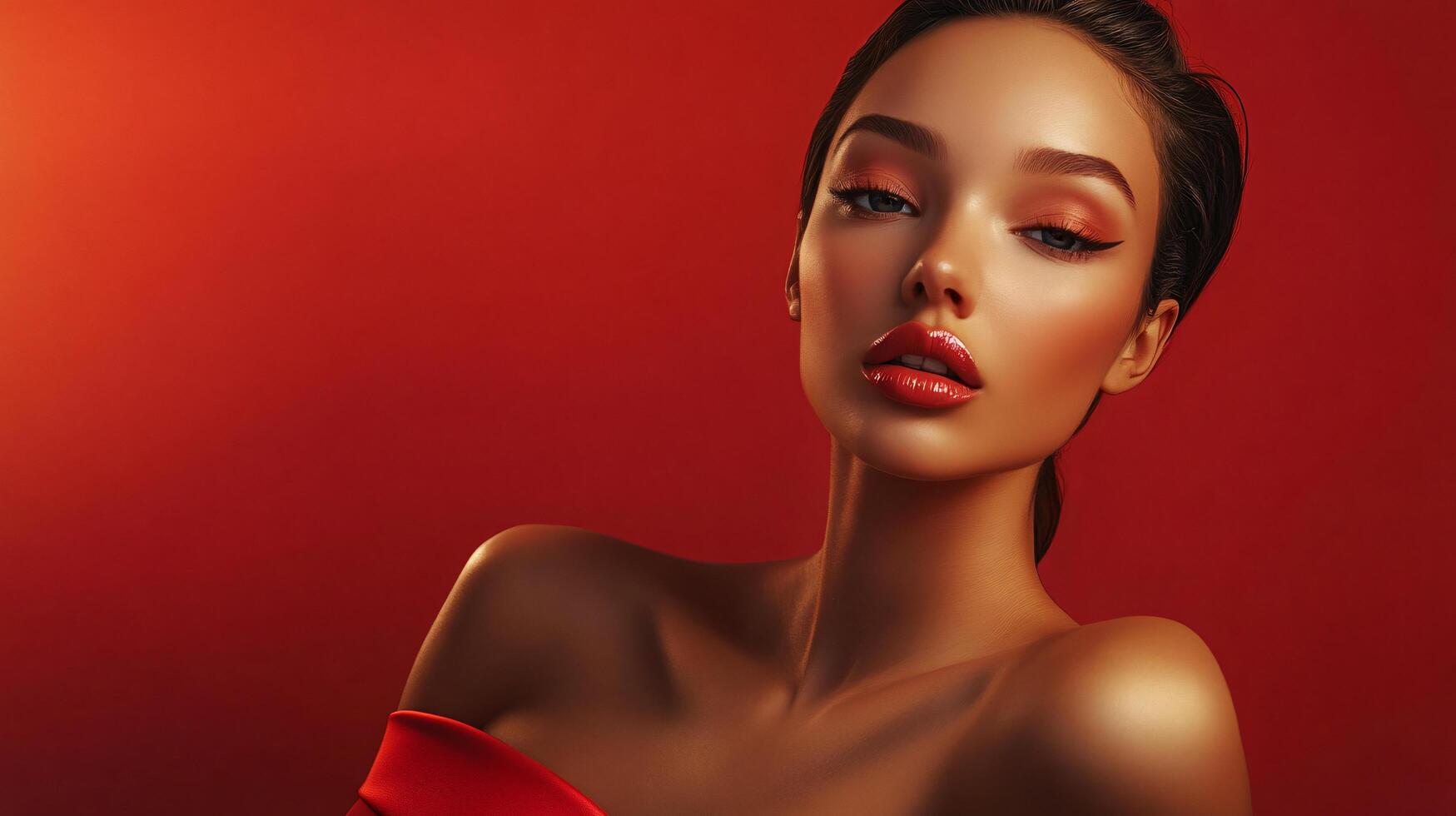 Woman with red hair and red lipstick is standing in front of a red background. Concept of confidence and boldness, as the woman's red dress and makeup draw attention to her features photo
