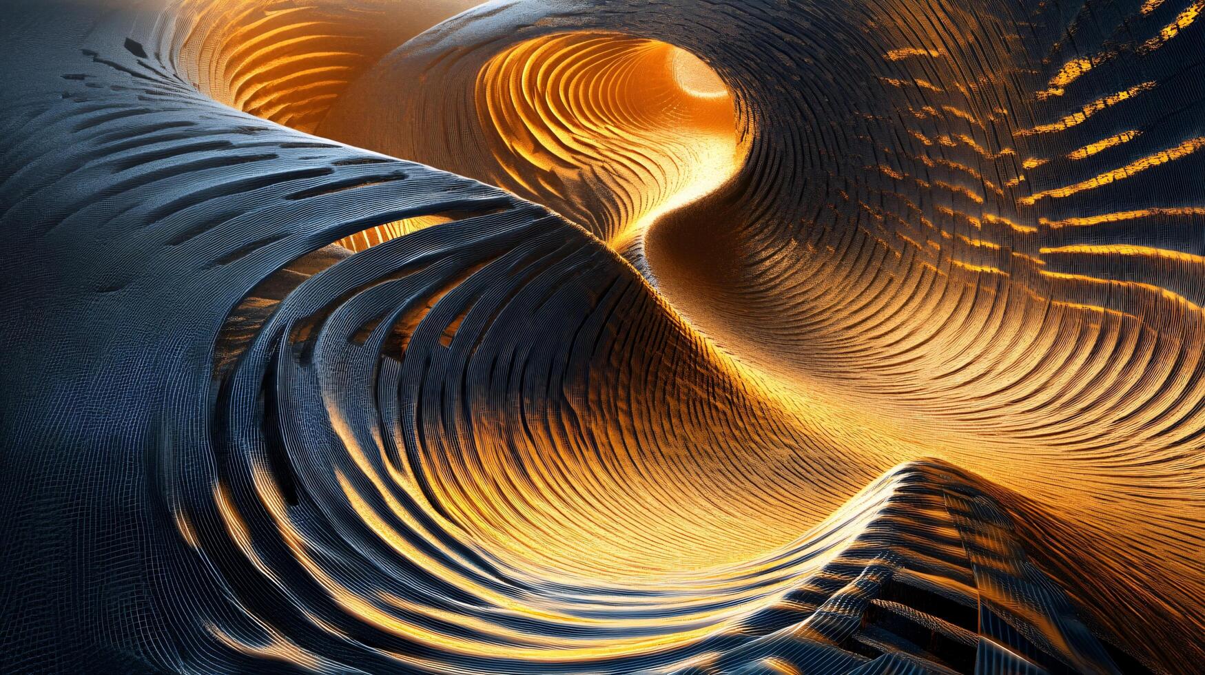 Spiral of blue and orange waves. The blue and orange colors are contrasting and create a sense of movement and energy. The image is abstract and open to interpretation photo