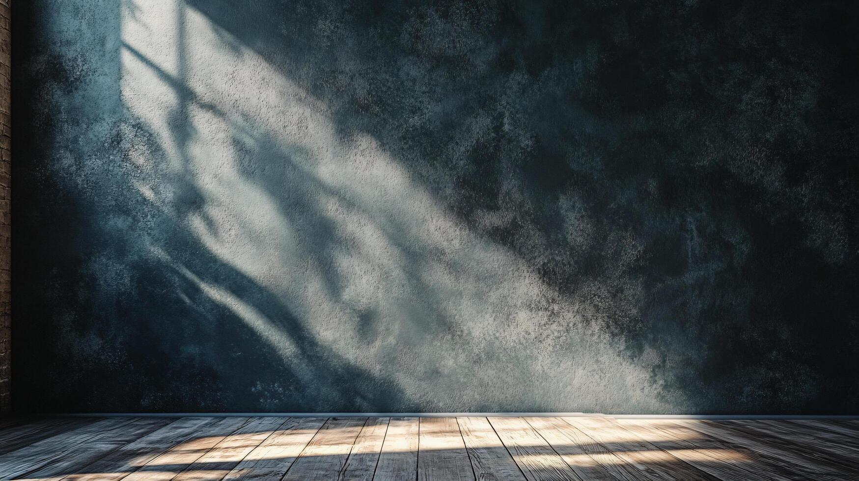 Room with a blue wall and wooden floor. The room is empty and has a lot of natural light coming in from the window photo