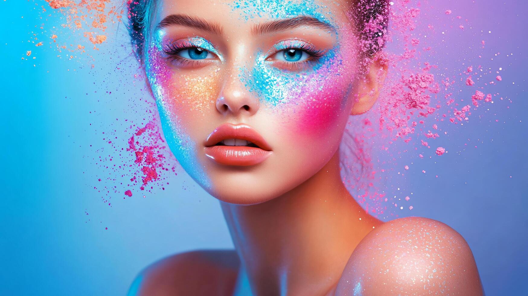 Woman with colorful makeup on her face. The makeup is in the form of powder and is scattered all over her face. The woman has a bright and colorful look, which gives the impression of a fun photo