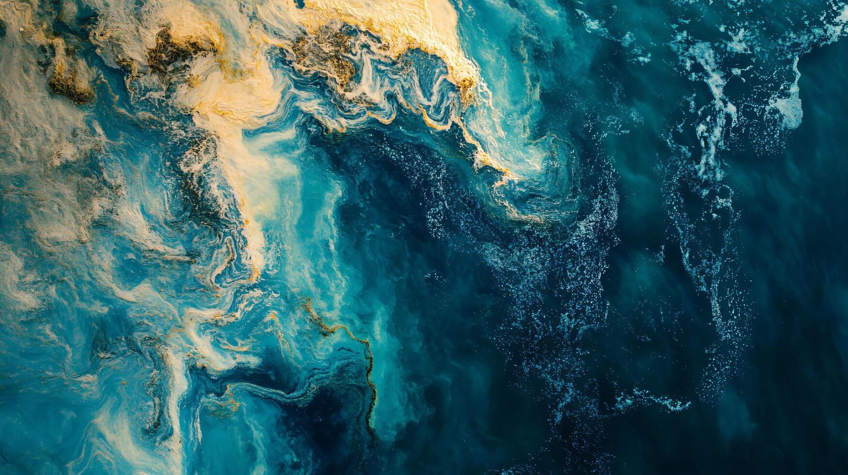 Painting of the ocean with a lot of blue and gold swirls. The painting has a lot of movement and depth, making it look like the ocean is constantly changing. The colors of the painting are vibrant photo