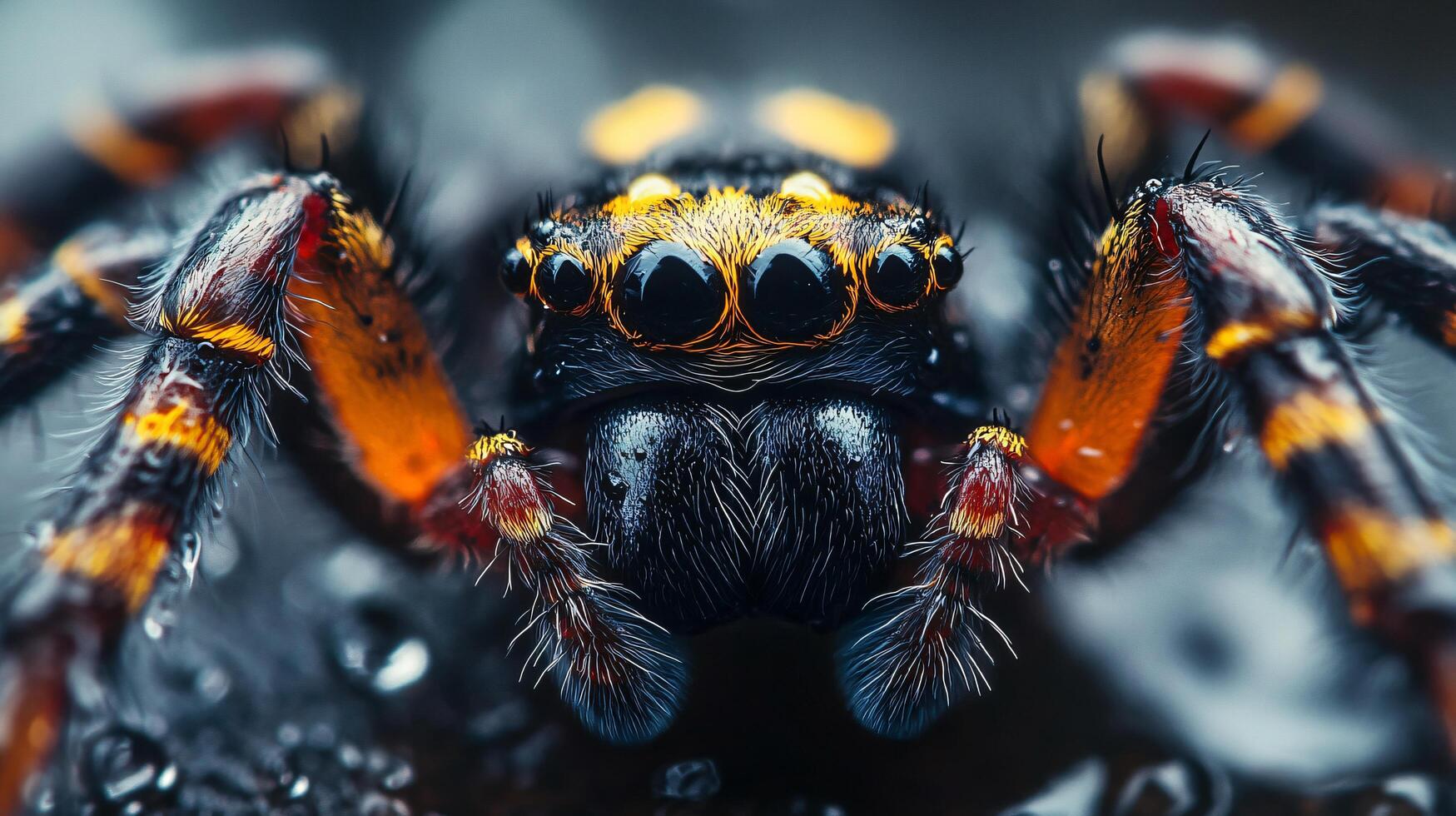Close up of a spider with orange and black markings. The spider is wet and he is in a natural setting photo