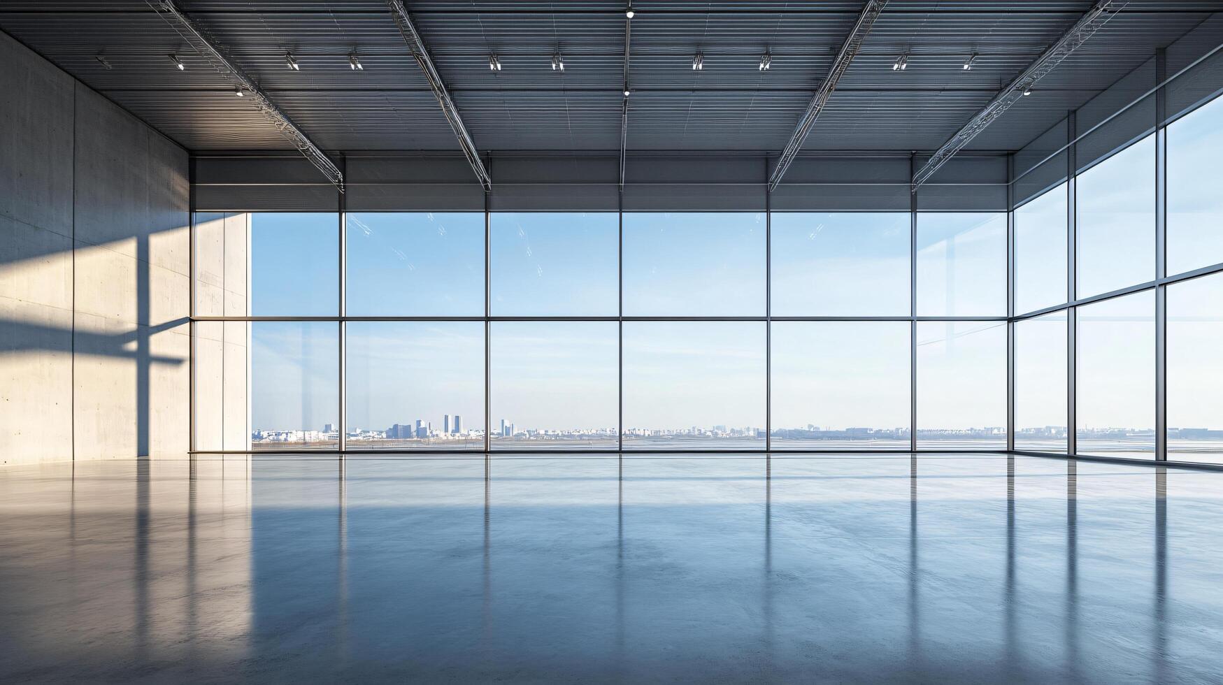 Large, empty room with a view of the city. The room is very open and has a lot of windows photo