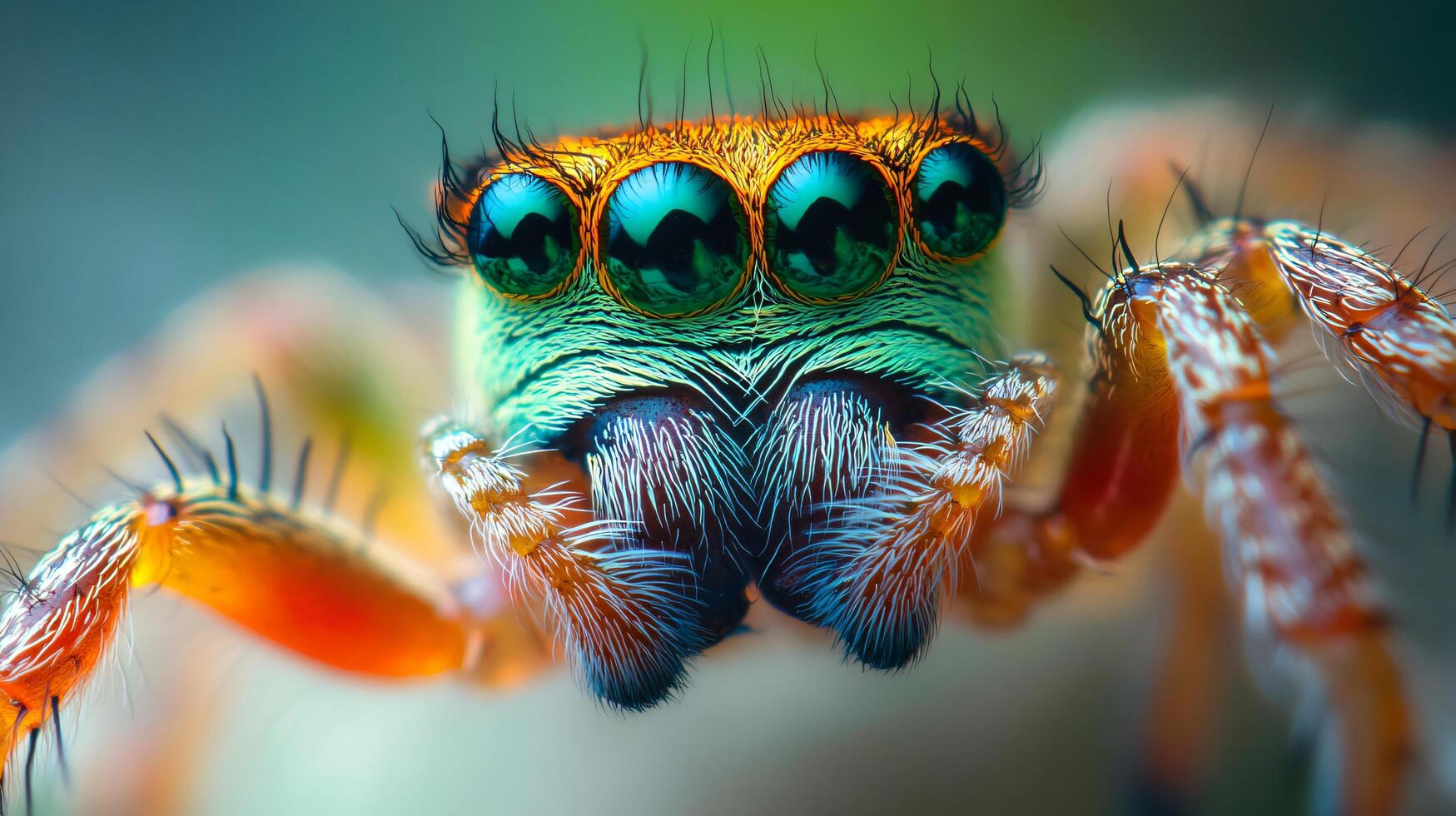 Spider with a green and orange face. The spider has three eyes and a long, thin body photo