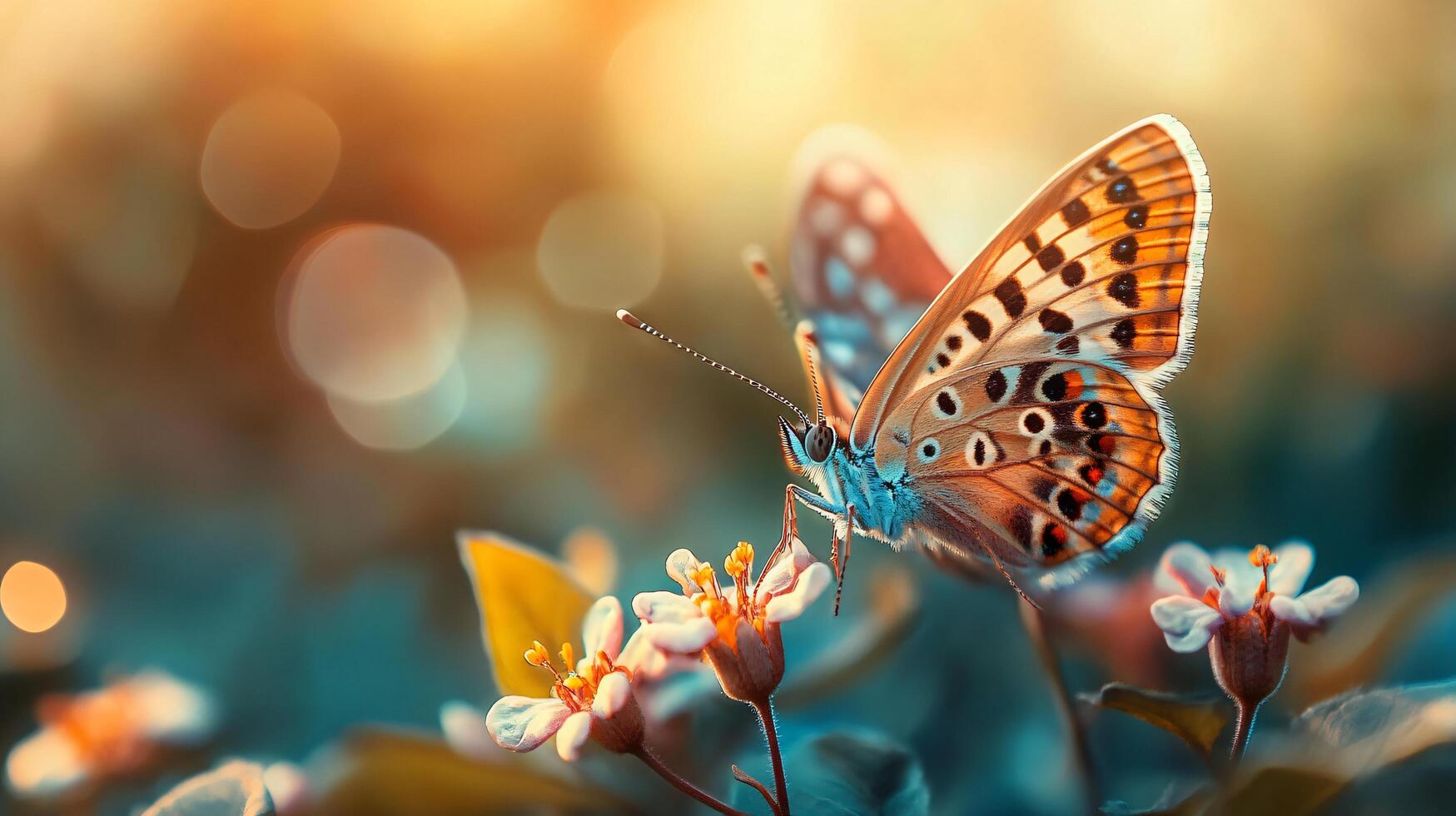 Butterfly is sitting on a flower. The flower is surrounded by green leaves. The butterfly is brown and white photo