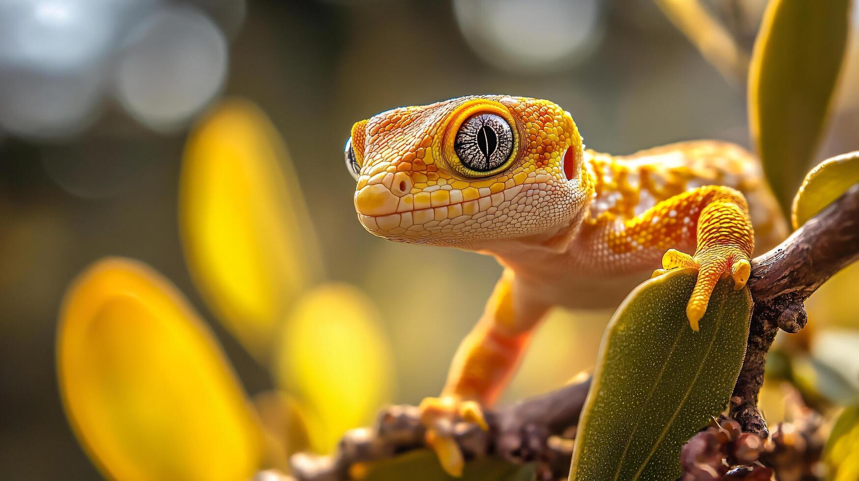 Small lizard is sitting on a leafy branch. The lizard is yellow and brown with a black nose photo