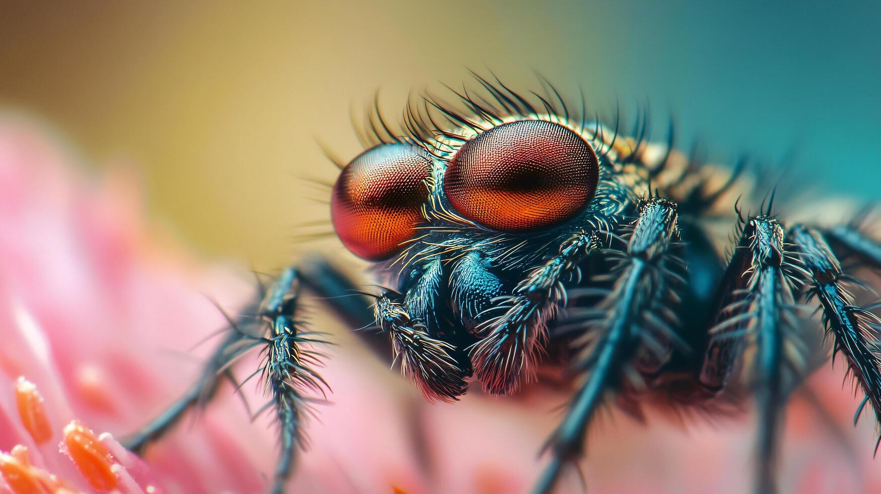 Spider with red eyes is on a pink flower. The spider is very close to the camera and is the main focus of the image photo