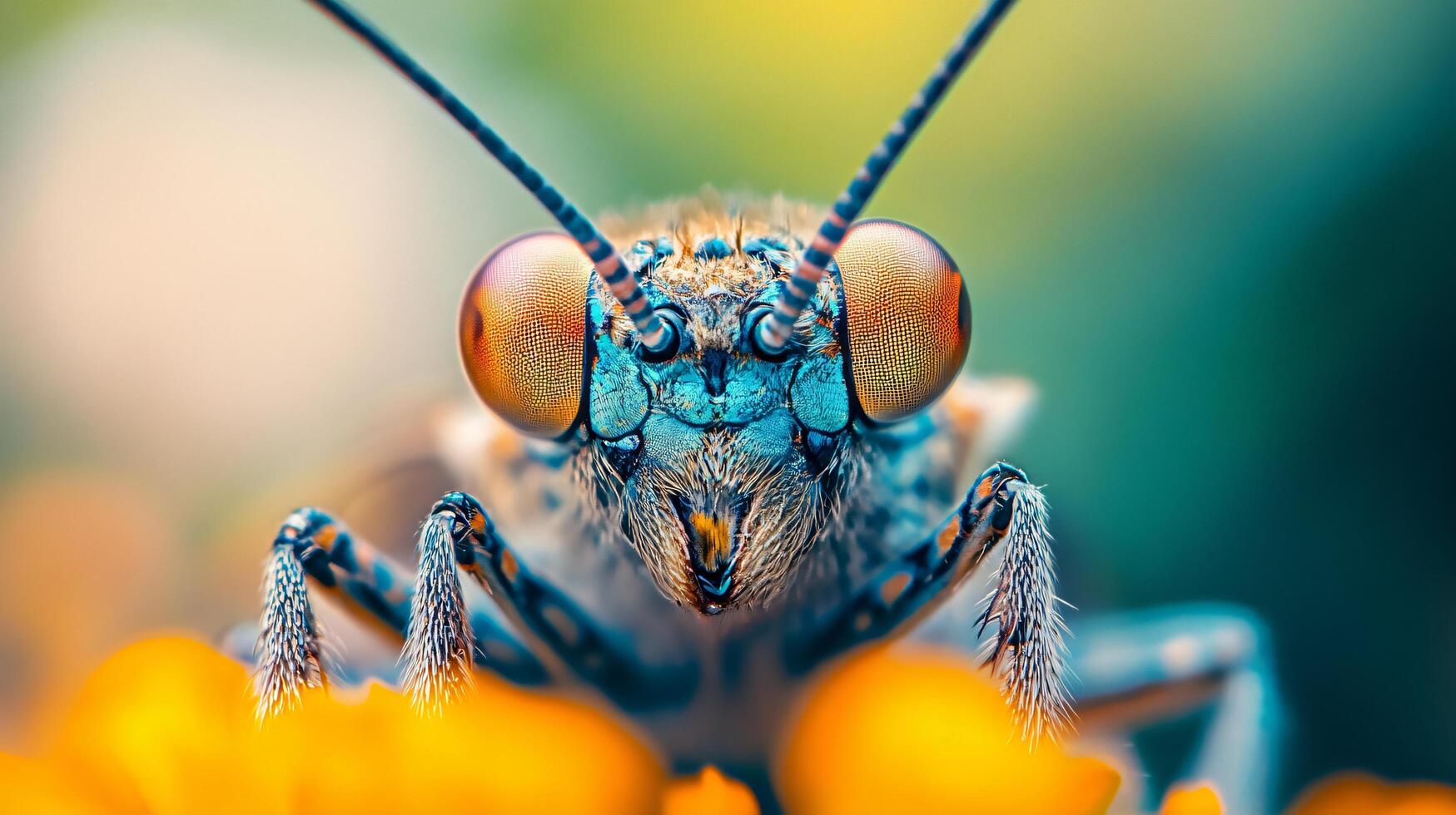 Close up of a bug with a blue head and orange body. The bug is on a yellow flower photo