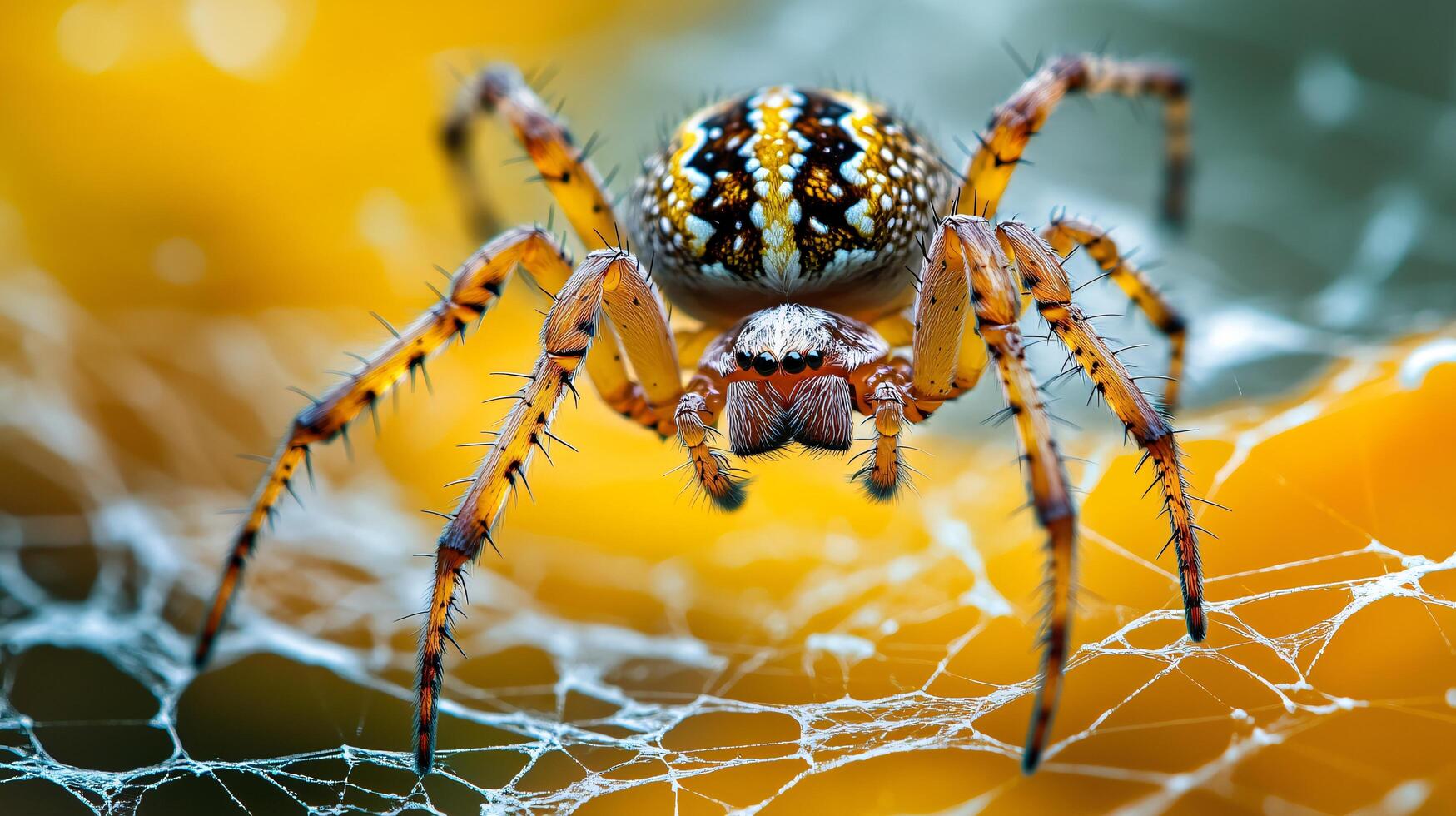 Spider is standing on a web. The spider is brown and white. The web is yellow photo