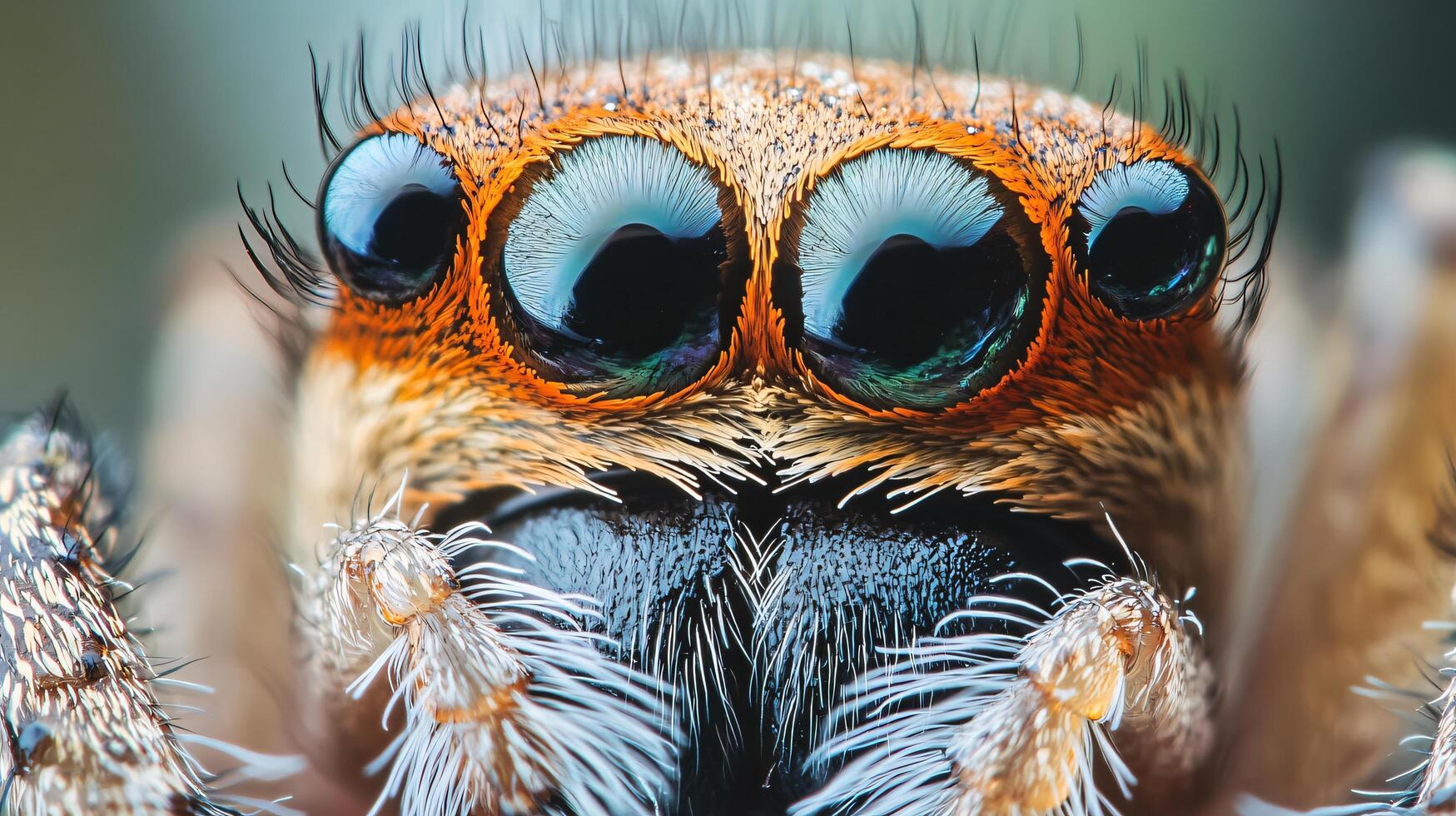 Close up of a spider's face with its eyes open. The spider has a brown and orange body photo