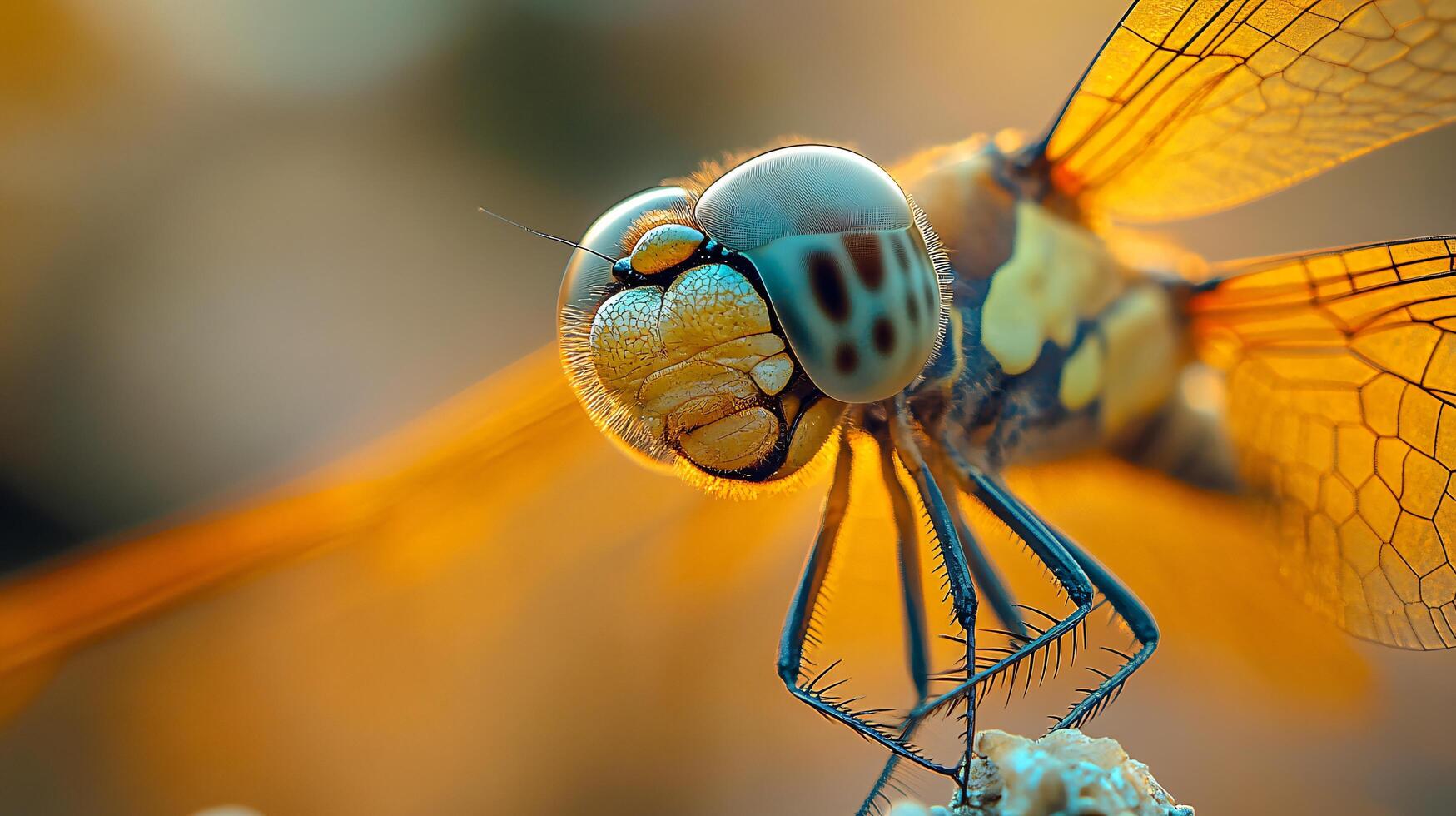Dragonfly is shown in a close up of its face. The dragonfly is yellow and brown in color photo