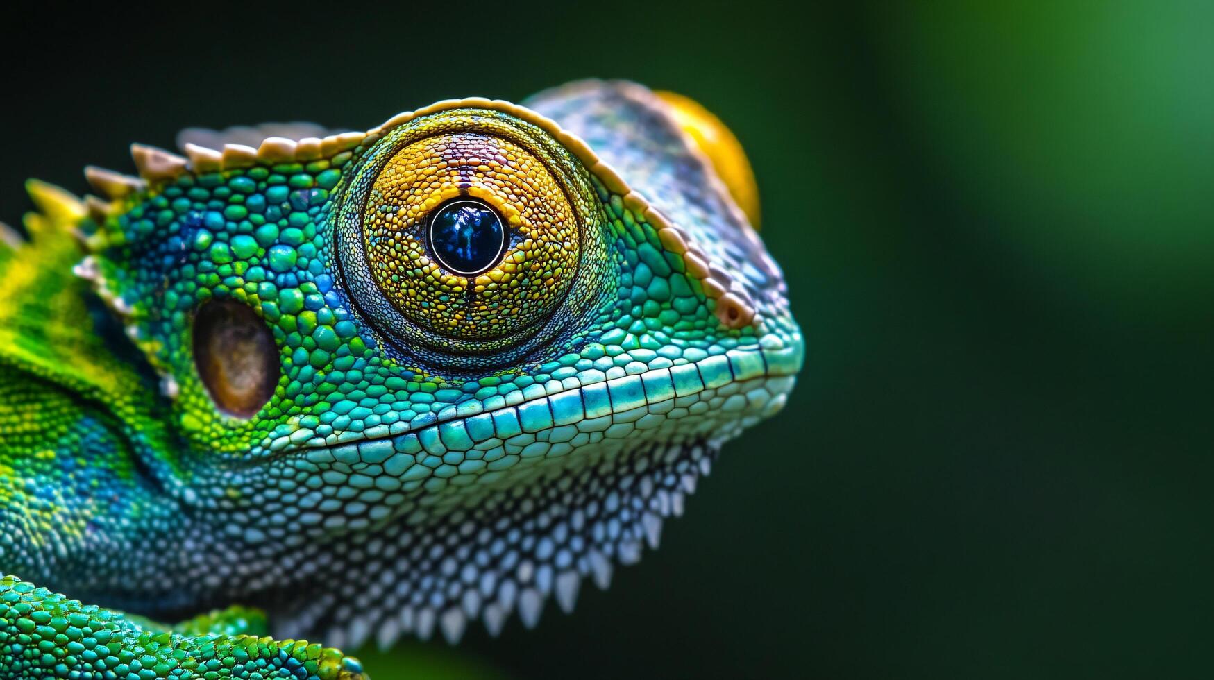 Green and yellow lizard with a yellow spot on its head. The lizard is looking at the camera photo