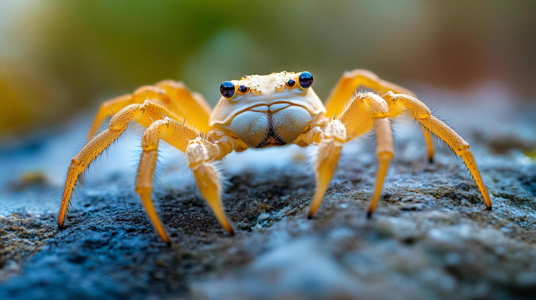 Crab is standing on a rock with its eyes open. The crab is yellow and has a blue spot on its face photo