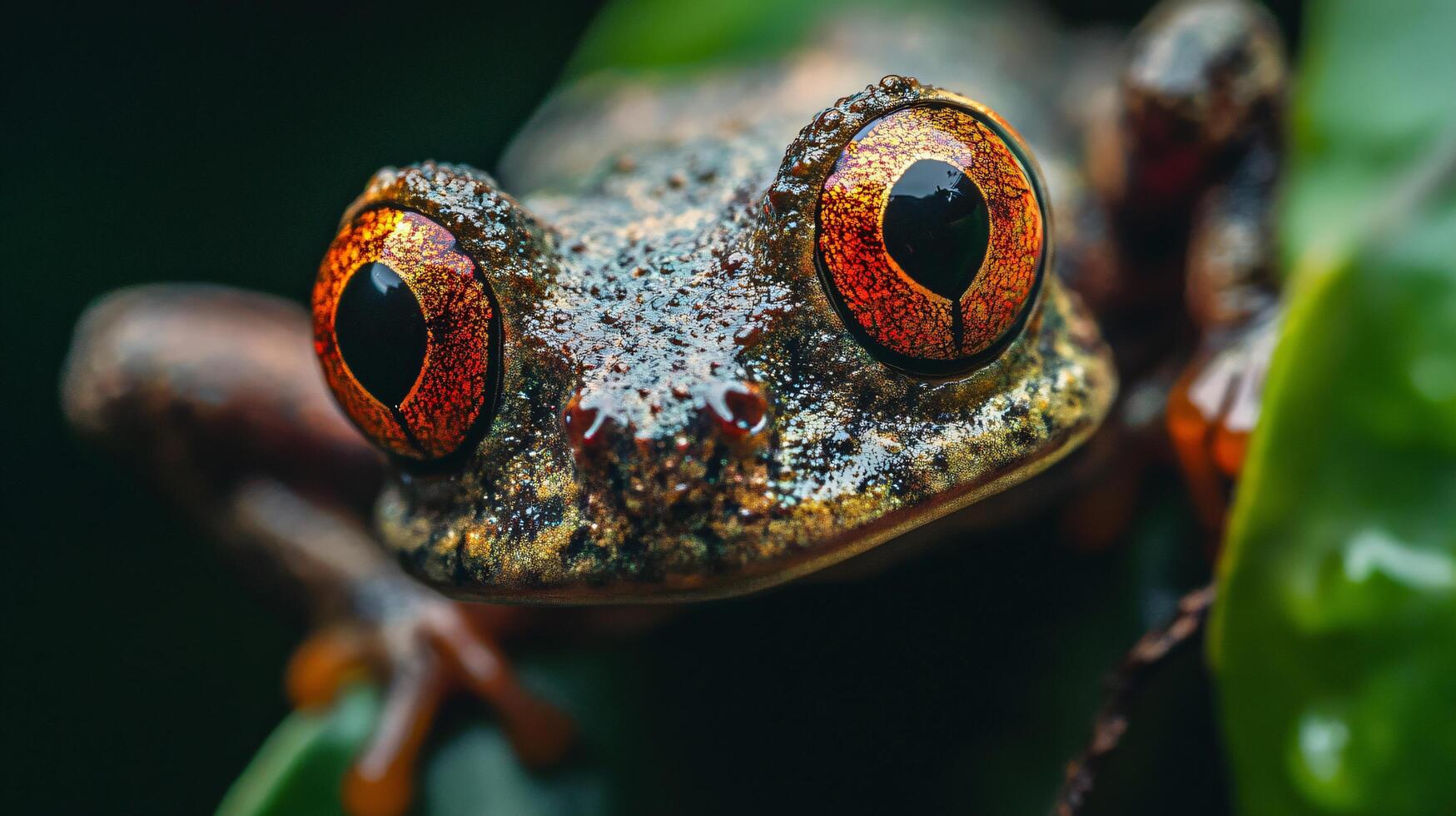 Frog with red eyes is sitting on a leaf. The frog has a brown and tan color photo