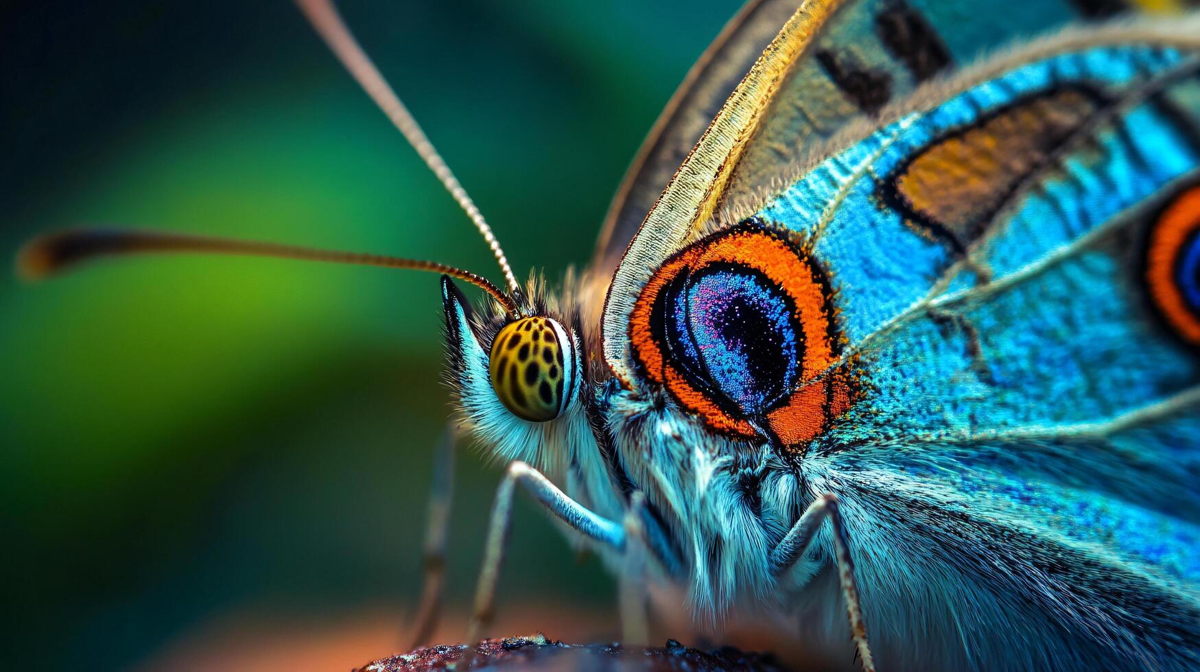 Butterfly with a blue and orange wing is shown in a close up. The butterfly is resting on a leaf photo