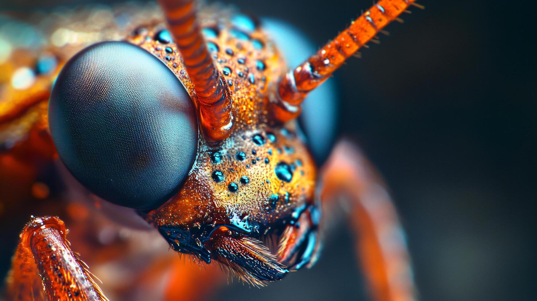 Close up of a bug's head with droplets of water on it. The bug is orange and has a black head photo