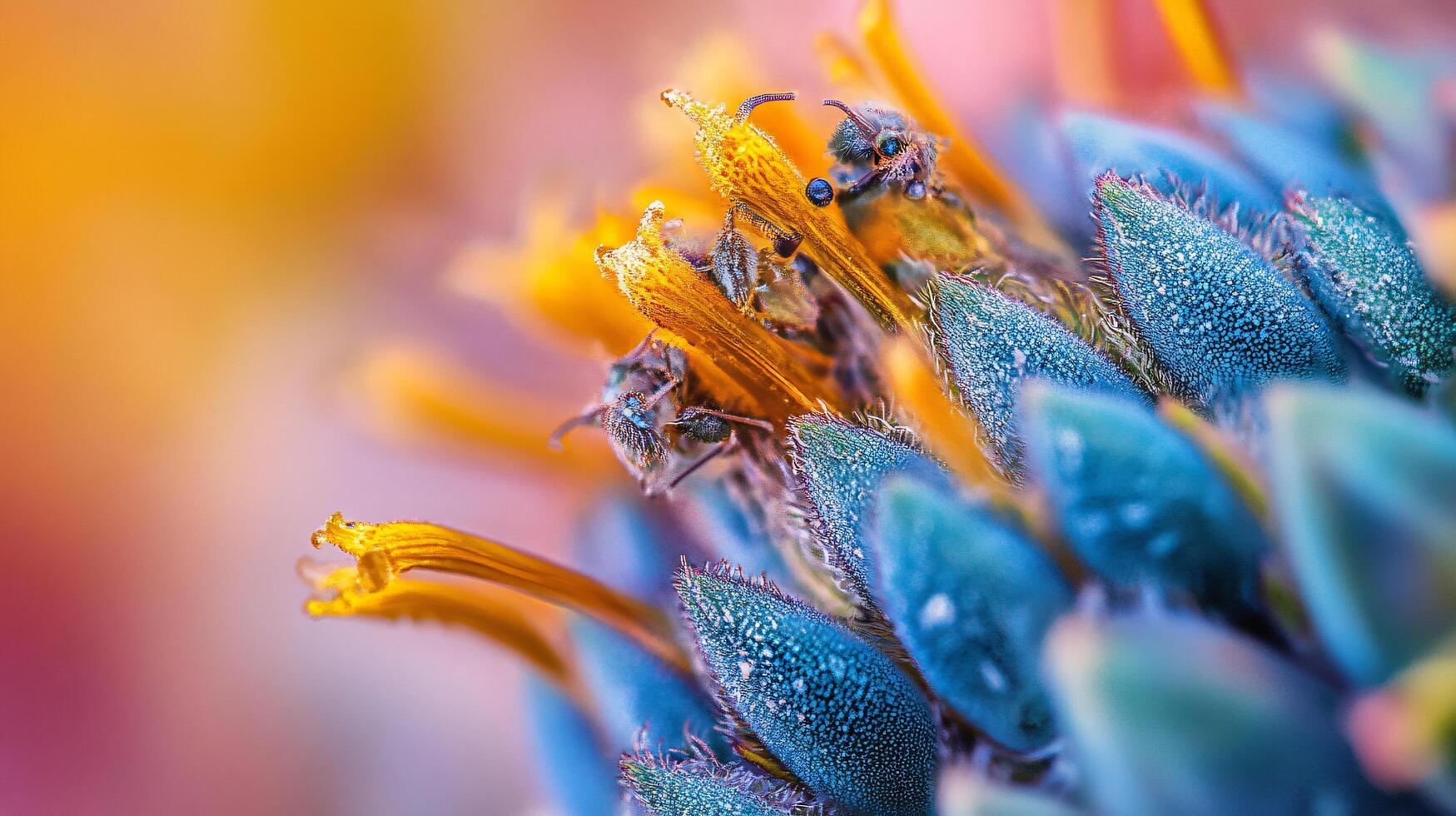 Close up of a flower with a blue center and yellow petals. The flower is surrounded by a blurry background photo