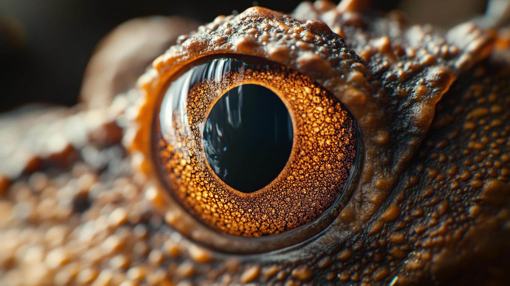Close up of a lizard's eye with a black pupil. The eye is surrounded by a brown iris and has a dark brown rim photo