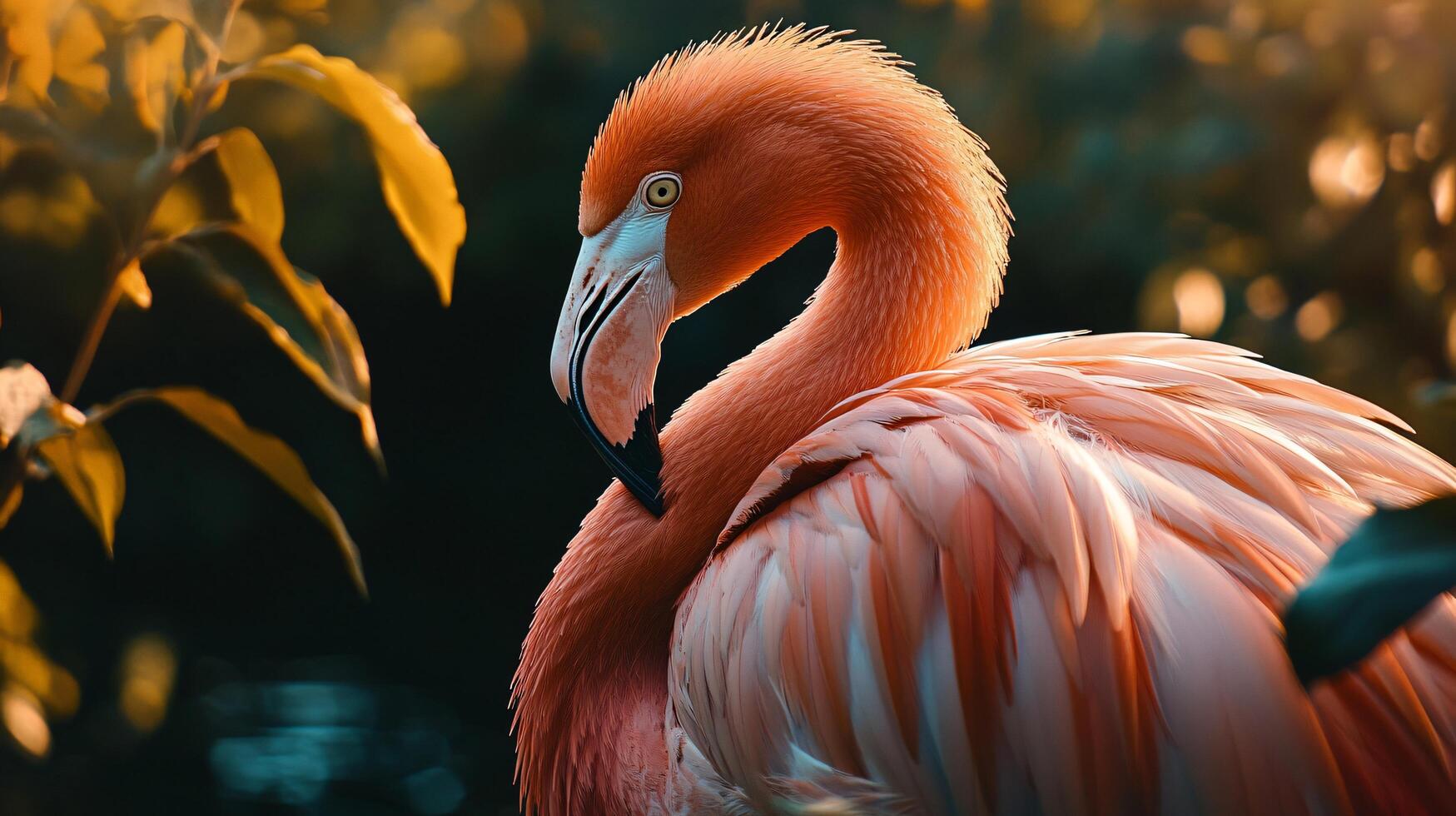 Flamingo is standing in a lush green forest. The bird is orange and white, with a long neck and legs. The scene is peaceful and serene, with the bird blending in with the natural surroundings photo