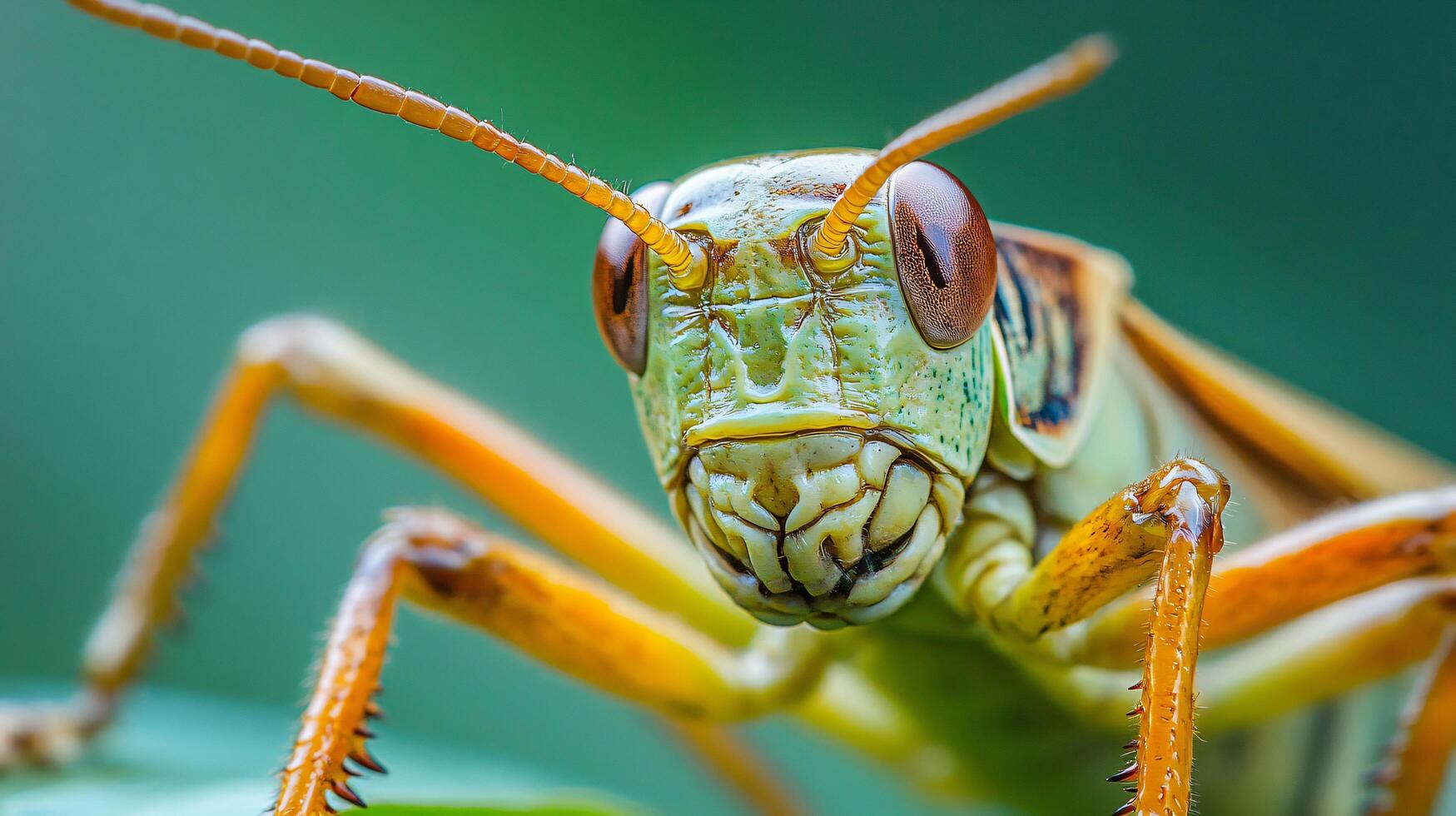 Green and brown bug with a long antennae and a brown head. The bug is looking at the camera photo