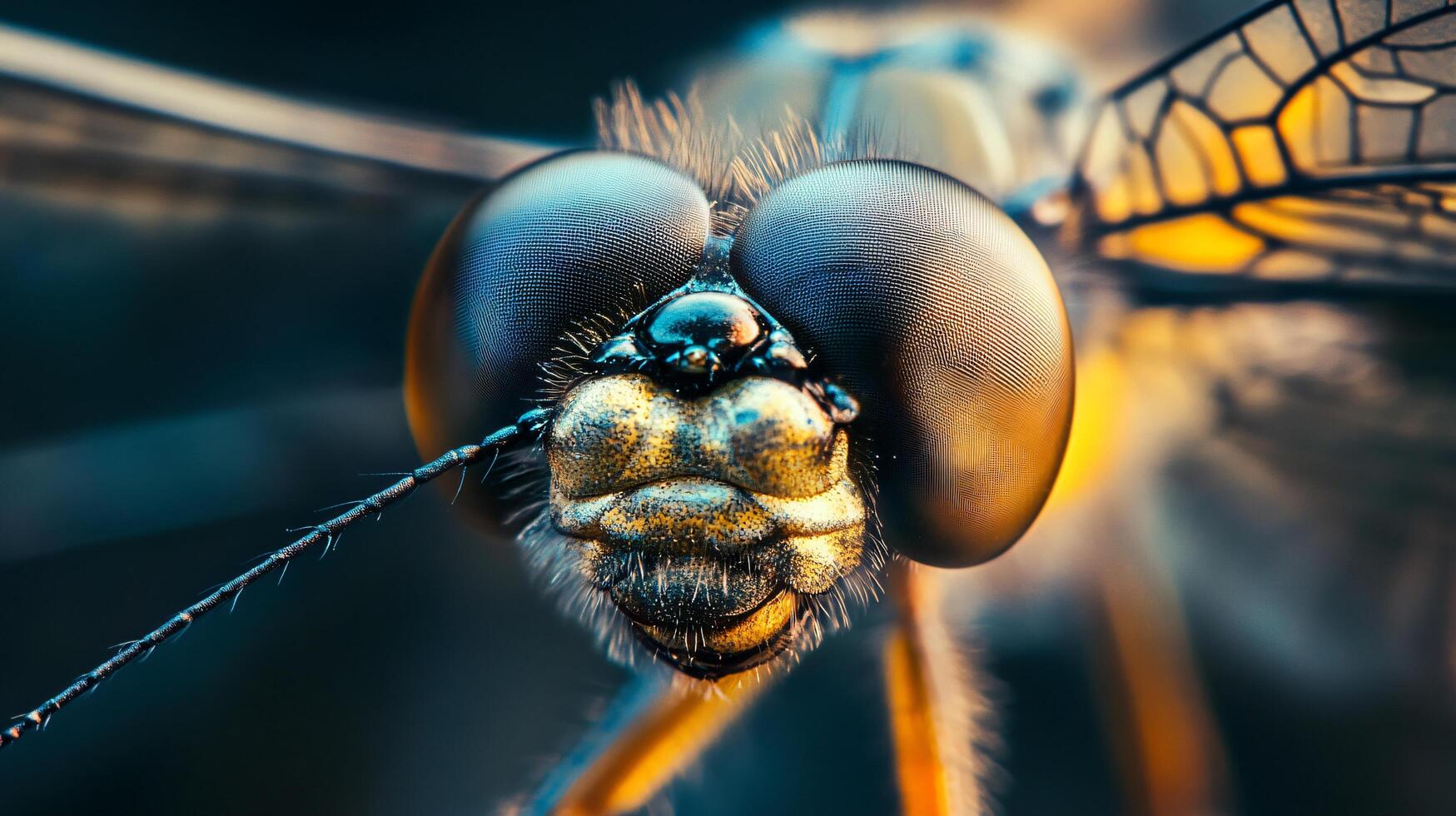 Close up of a dragonfly's face. The insect's eyes are large and prominent, and its mouth is open photo