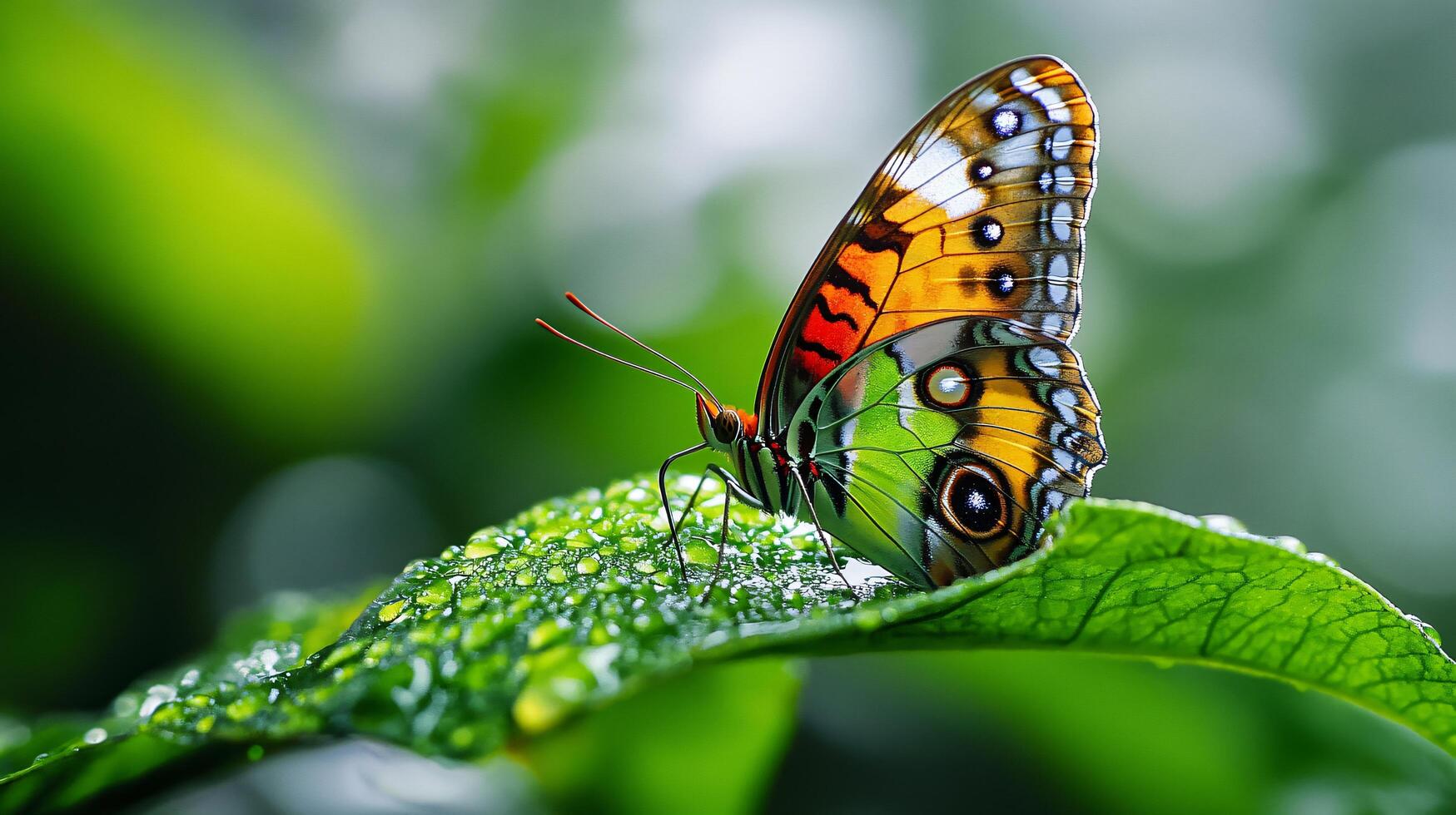 Butterfly is sitting on a leaf. The leaf is green and has a few drops of water on it photo