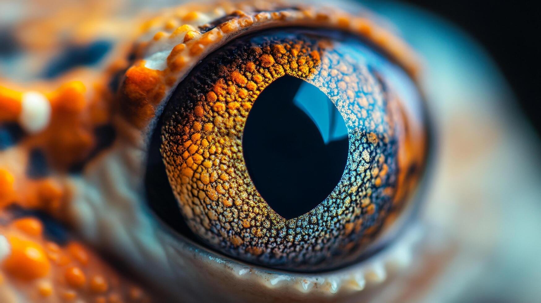 Close up of a lizard's eye with a black pupil. The eye is surrounded by a brown iris and has a black center photo