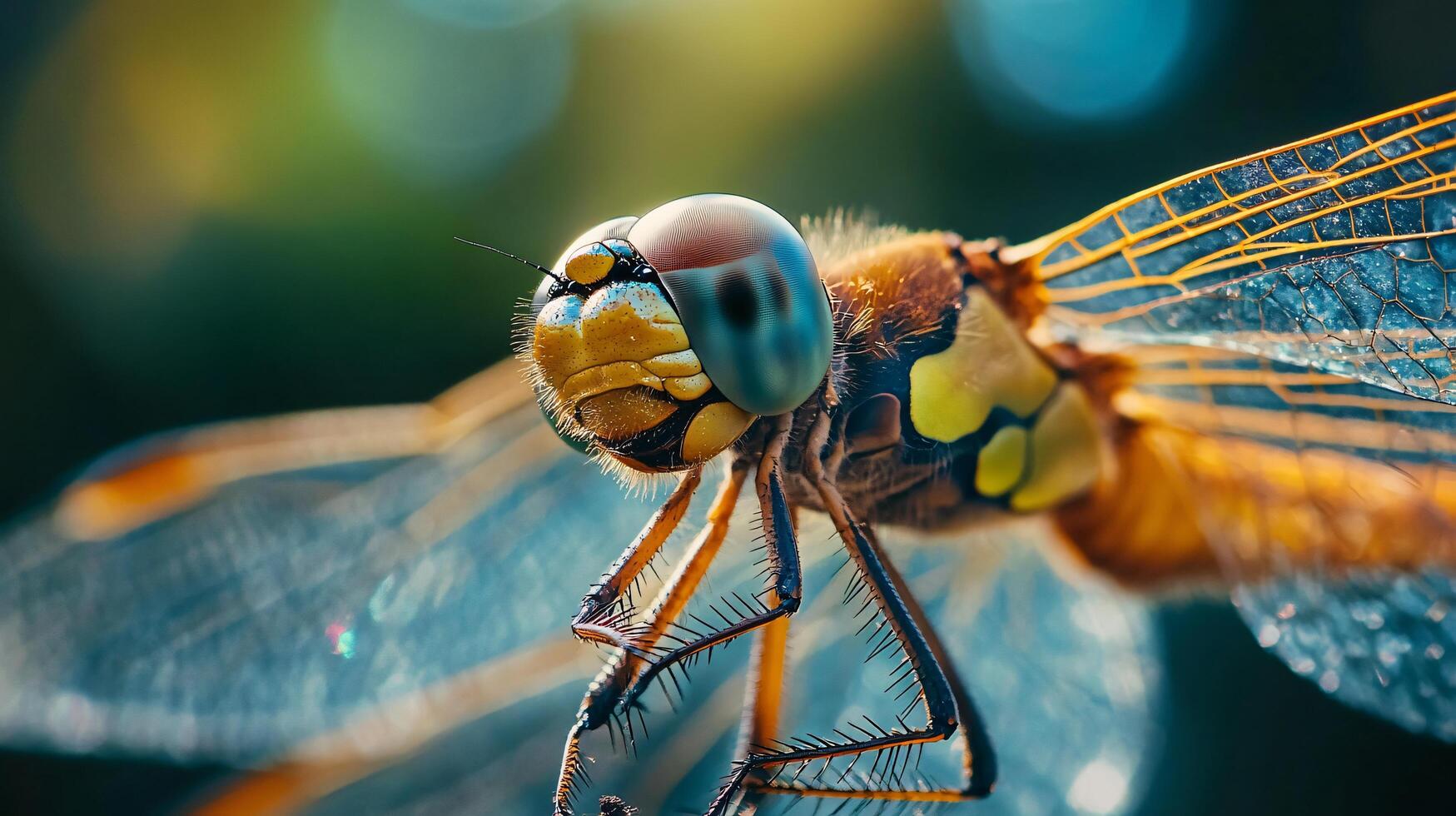 Dragonfly is shown in a close up of its face. The dragonfly is brown and yellow with a blue eye photo