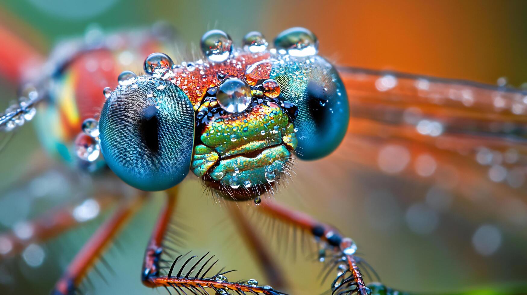 Dragonfly with blue eyes and a red body. The eyes are surrounded by water droplets, giving the impression of a wet, rainy day photo