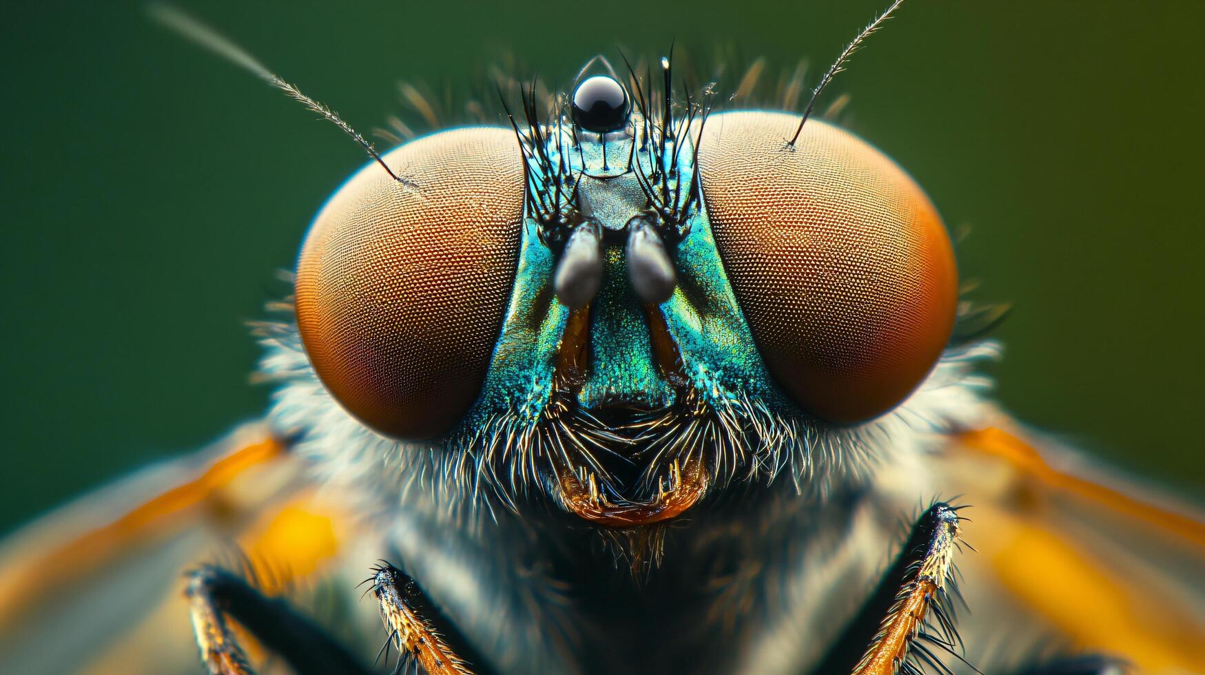 Close up of a bug's face with a blue and orange eye. The bug's face is the main focus of the image photo
