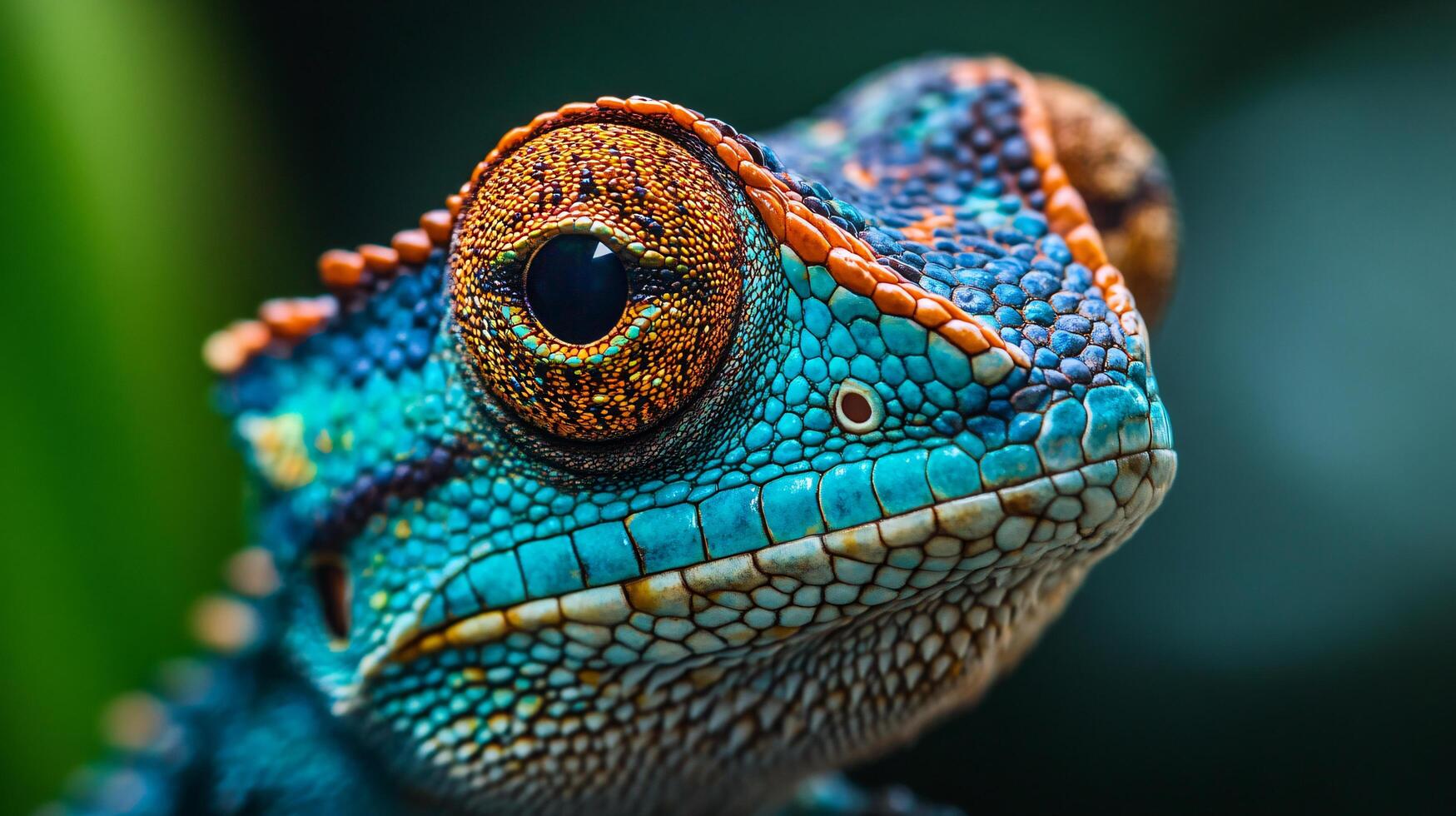 Colorful lizard with a blue face and orange eyes. The lizard is looking at the camera. The image has a bright and lively mood photo