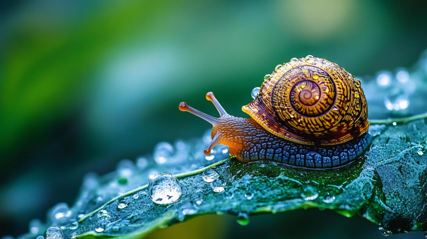 Small, yellow and brown snail is sitting on a leaf. The leaf is wet and has water droplets on it photo