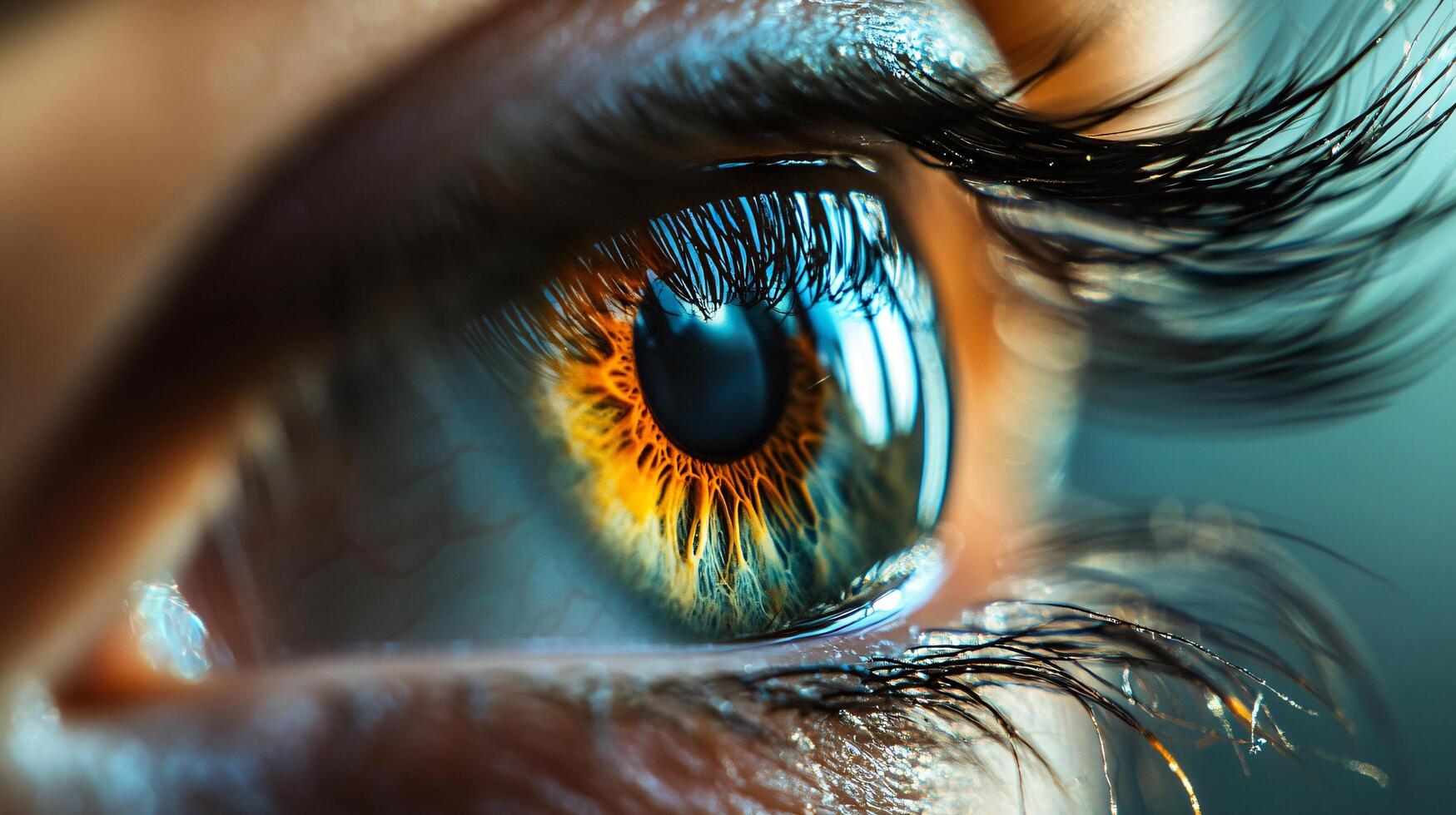 Close up of a person's eye with a green iris and brown lashes. The eye is surrounded by a blue background photo