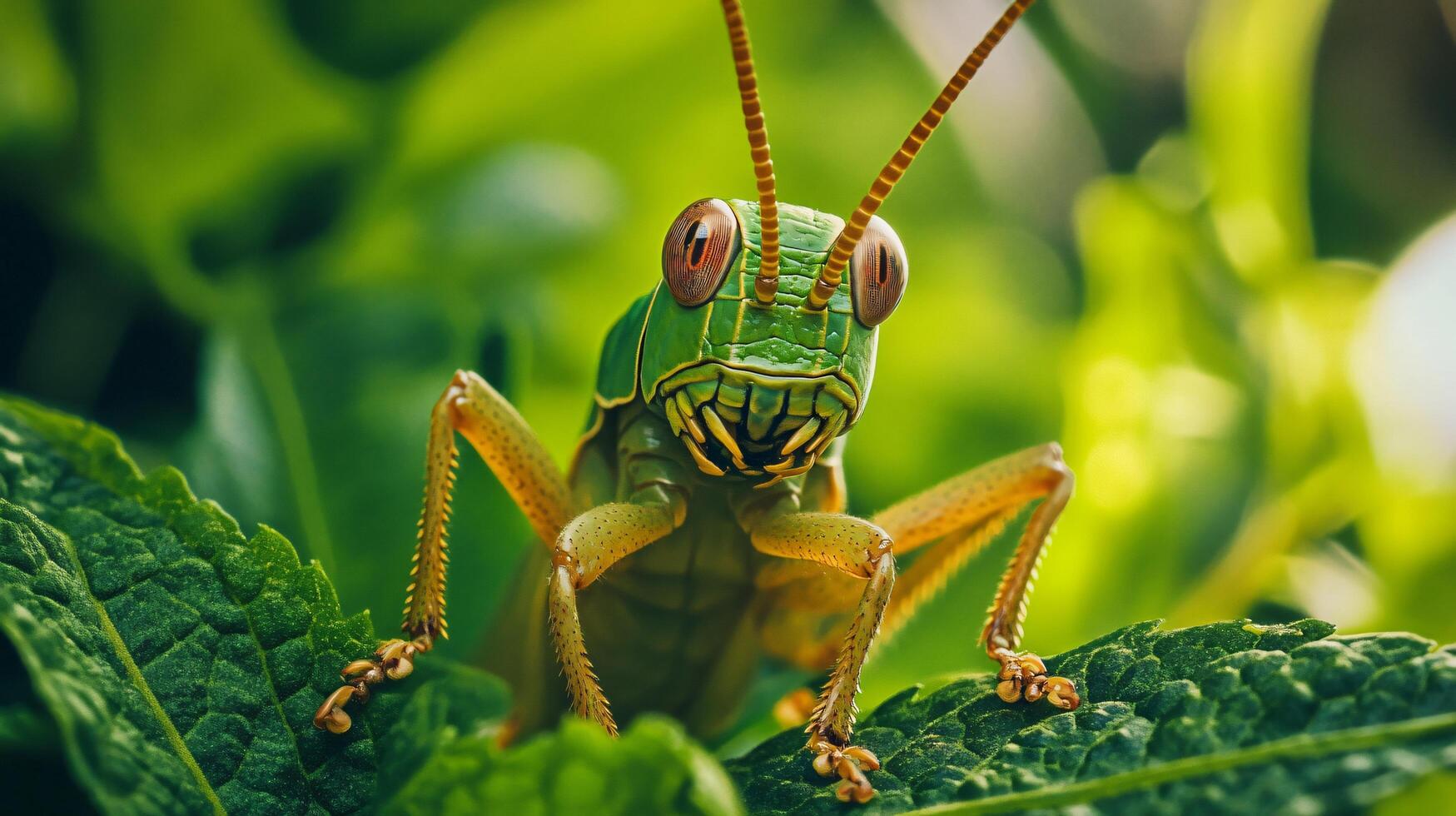 Green grasshopper is standing on a leaf. The grasshopper is looking at the camera photo