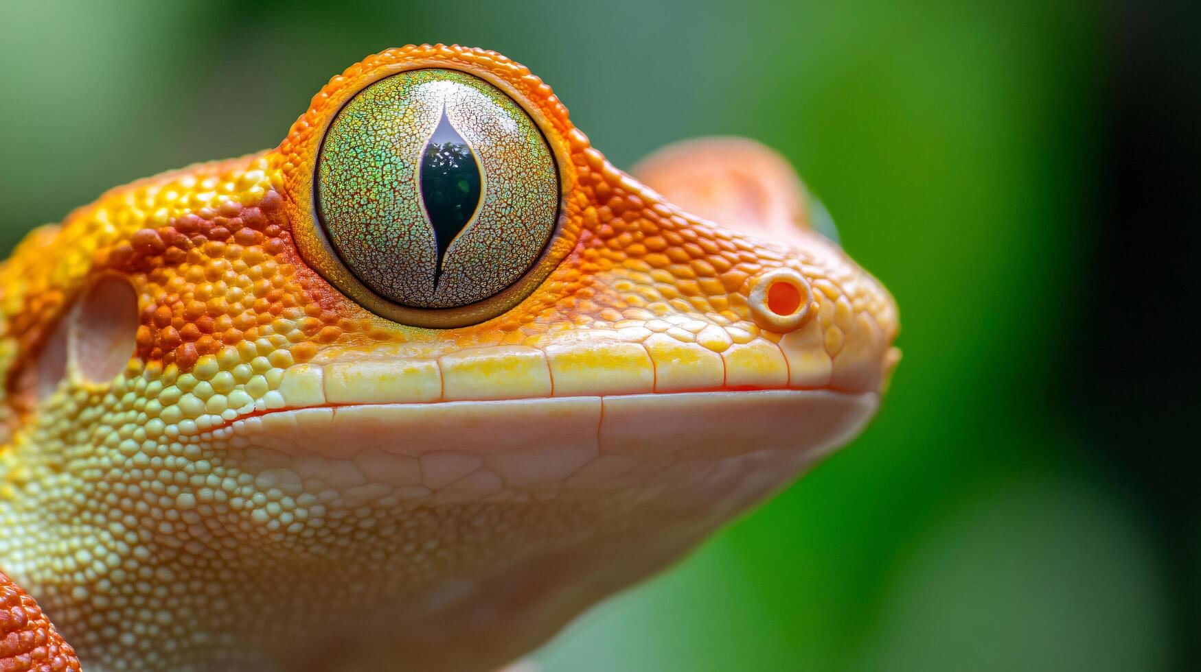 Close up of a lizard's face with a green eye. The lizard is orange and yellow photo