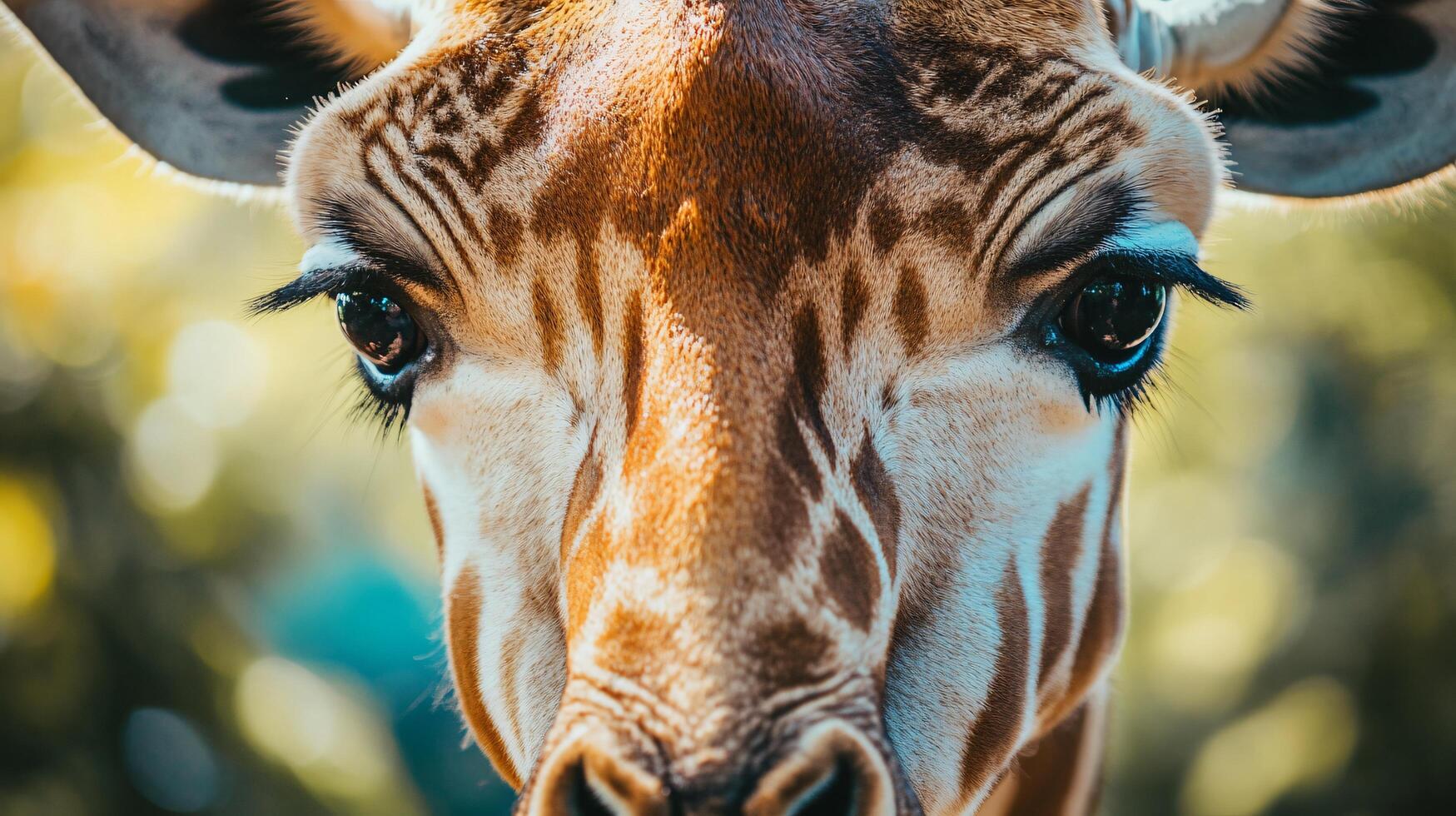 Giraffe with brown spots and long eyelashes. The giraffe has a very close up of its face photo