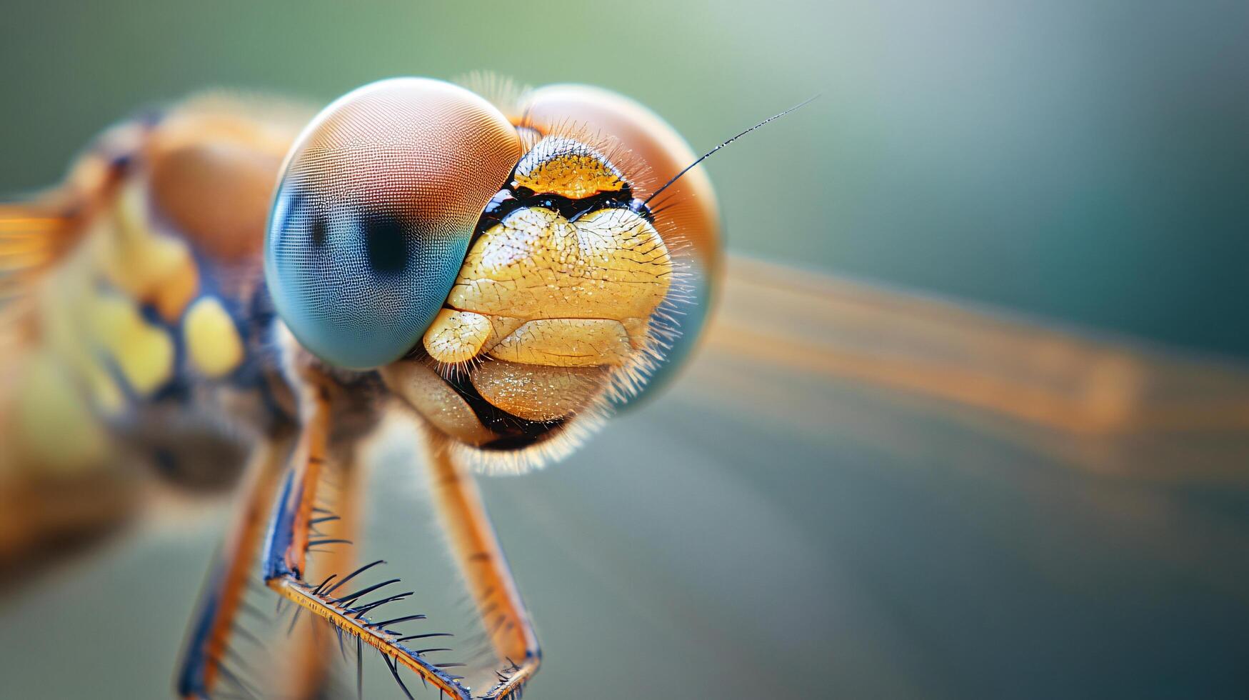 Dragonfly with a blue eye and yellow and orange markings on its face. The dragonfly is in a natural setting, with a green background photo