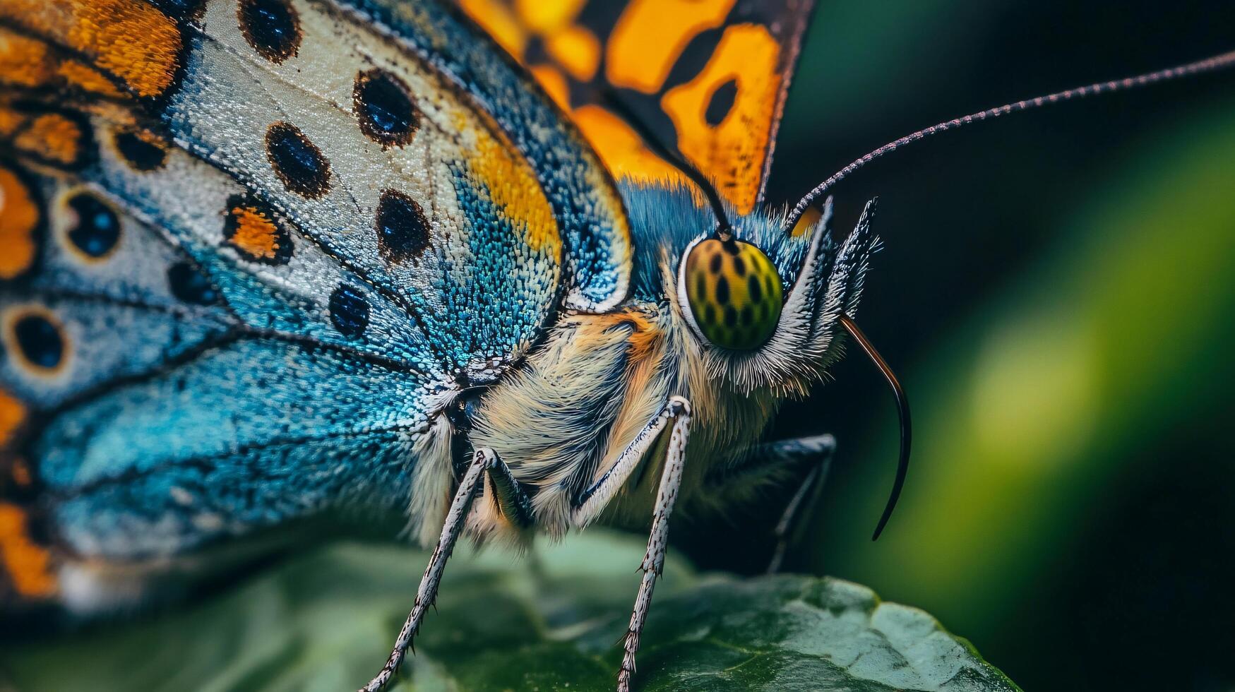 Butterfly with blue and orange wings is sitting on a leaf. The butterfly has a very distinct pattern of spots and stripes photo