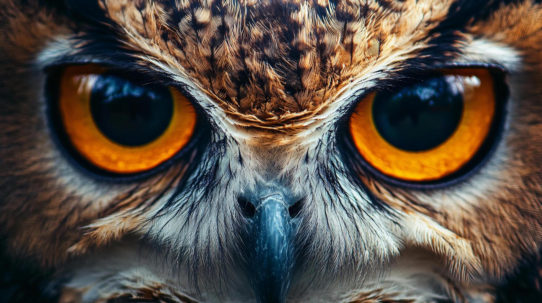 The owl's eyes are large and bright orange. The image has a moody and mysterious feel to it photo
