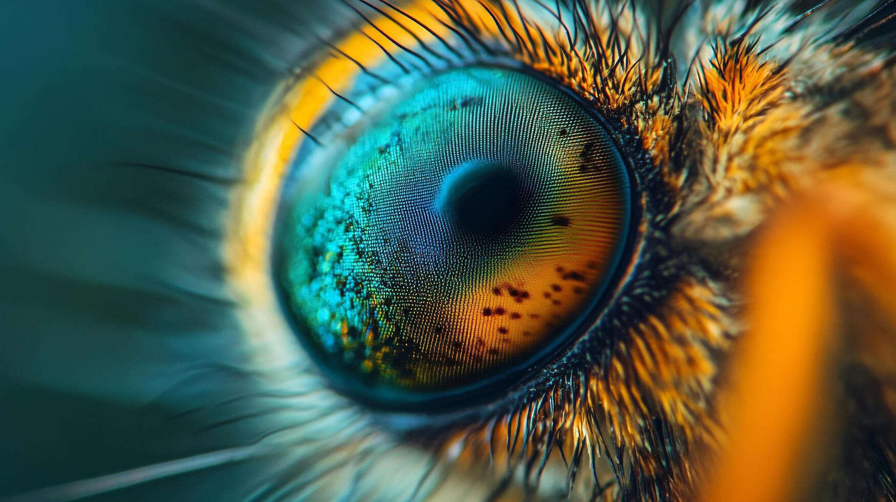 Close up of a colorful eye with a blurry background. The eye is surrounded by a blurry green and yellow area photo