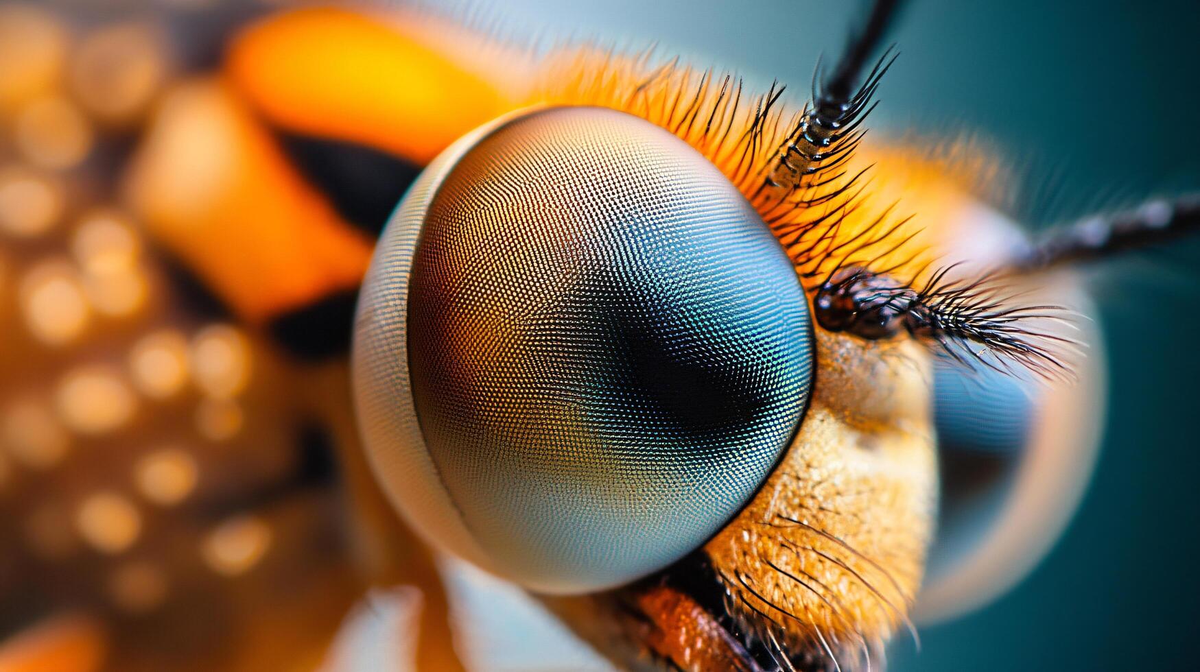 Close up of a butterfly's eye with a blue iris. The eye is surrounded by a pattern of orange and brown photo