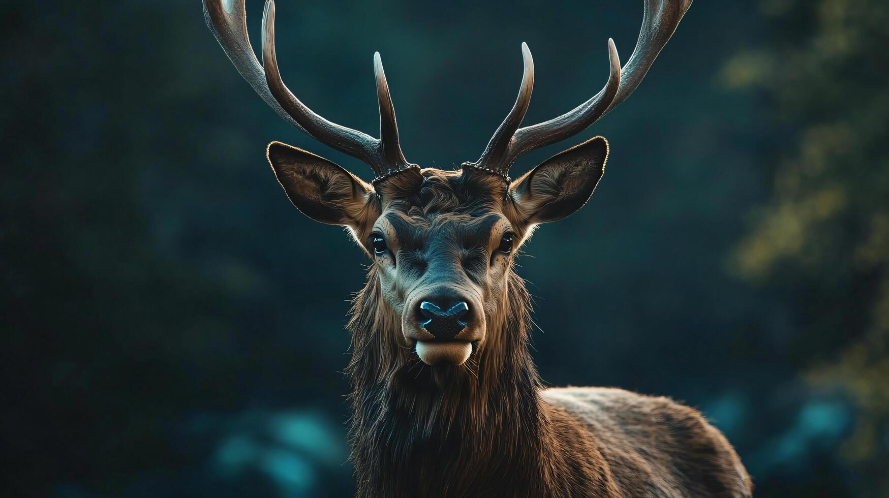 Deer with large antlers stands in a forest. Concept of wildness and untamed nature photo