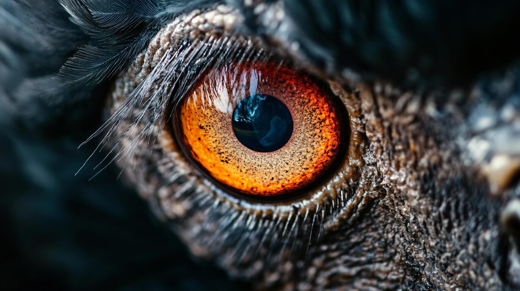 Close up of a bird's eye with a red iris. The eye is surrounded by a black and brown frame photo