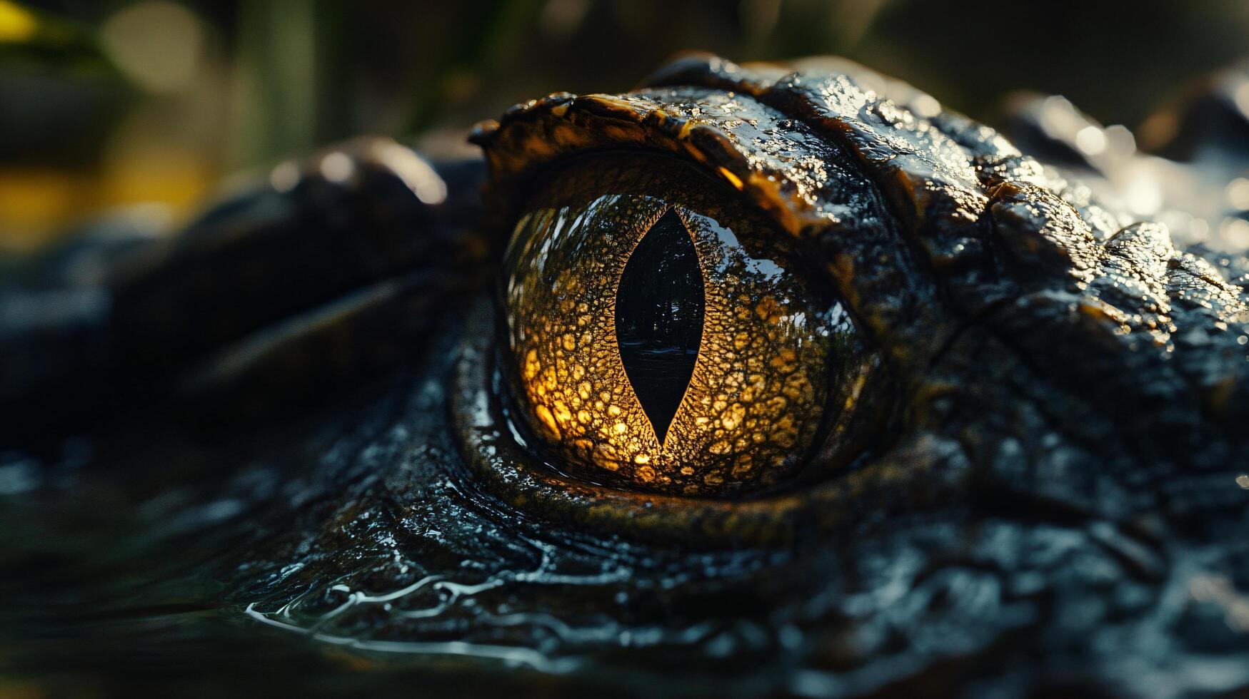 Close up of a crocodile's eye with a yellow spot. The eye is surrounded by a dark brown area photo